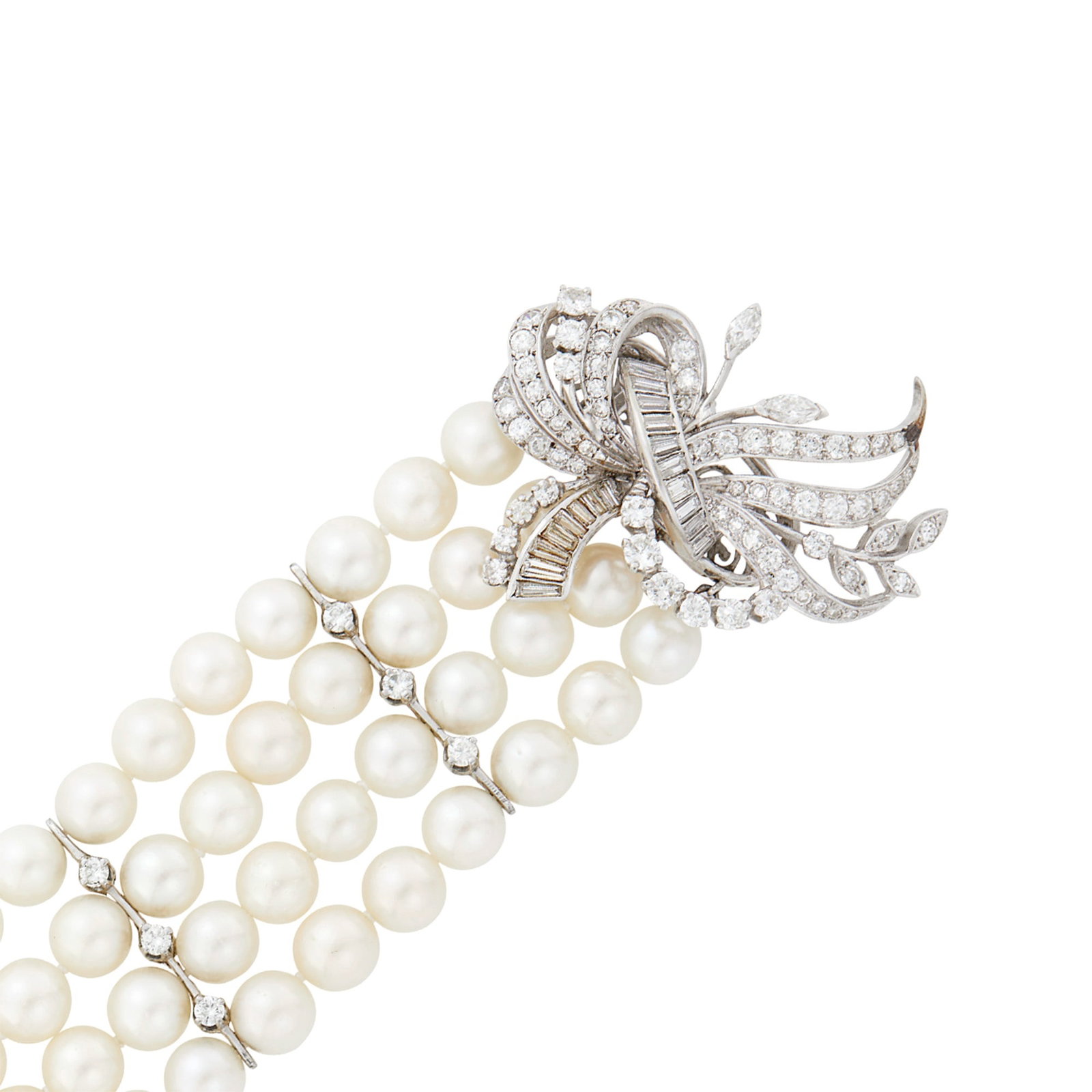 Four Strand Cultured Pearl, Low Karat White Gold and Diamond Bracelet: 14 and 10 kt., pearls ap. 7.3 to 7.0 mm., 26 round, 37 single-cut, 2 marquise-shaped and 19 baguette and tapered baguette diamonds ap. 4.80 cts. Length 5 3/4 inches. Clasp tests as 10 kt. Minor repai
