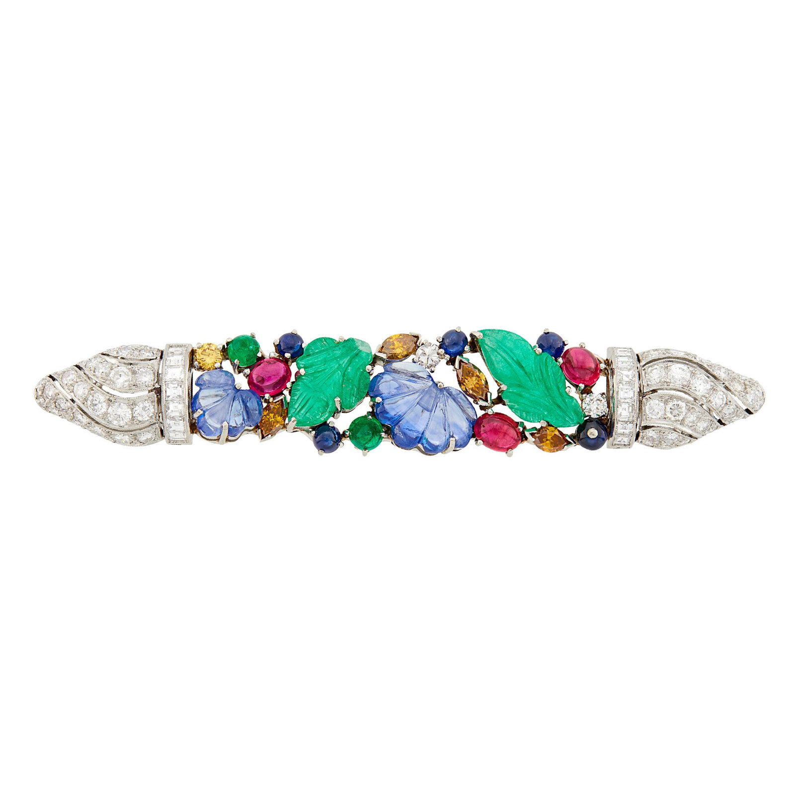 White Gold, Carved and Cabochon Colored Stone, Diamond and Colored Diamond Brooch: 2 carved emerald leaves, 2 carved sapphire leaves, 10 round cabochon rubies, emeralds and sapphires, one round and 4 marquise-shaped colored diamonds ap. .35 ct., 54 round and 14 square-cut diamonds a