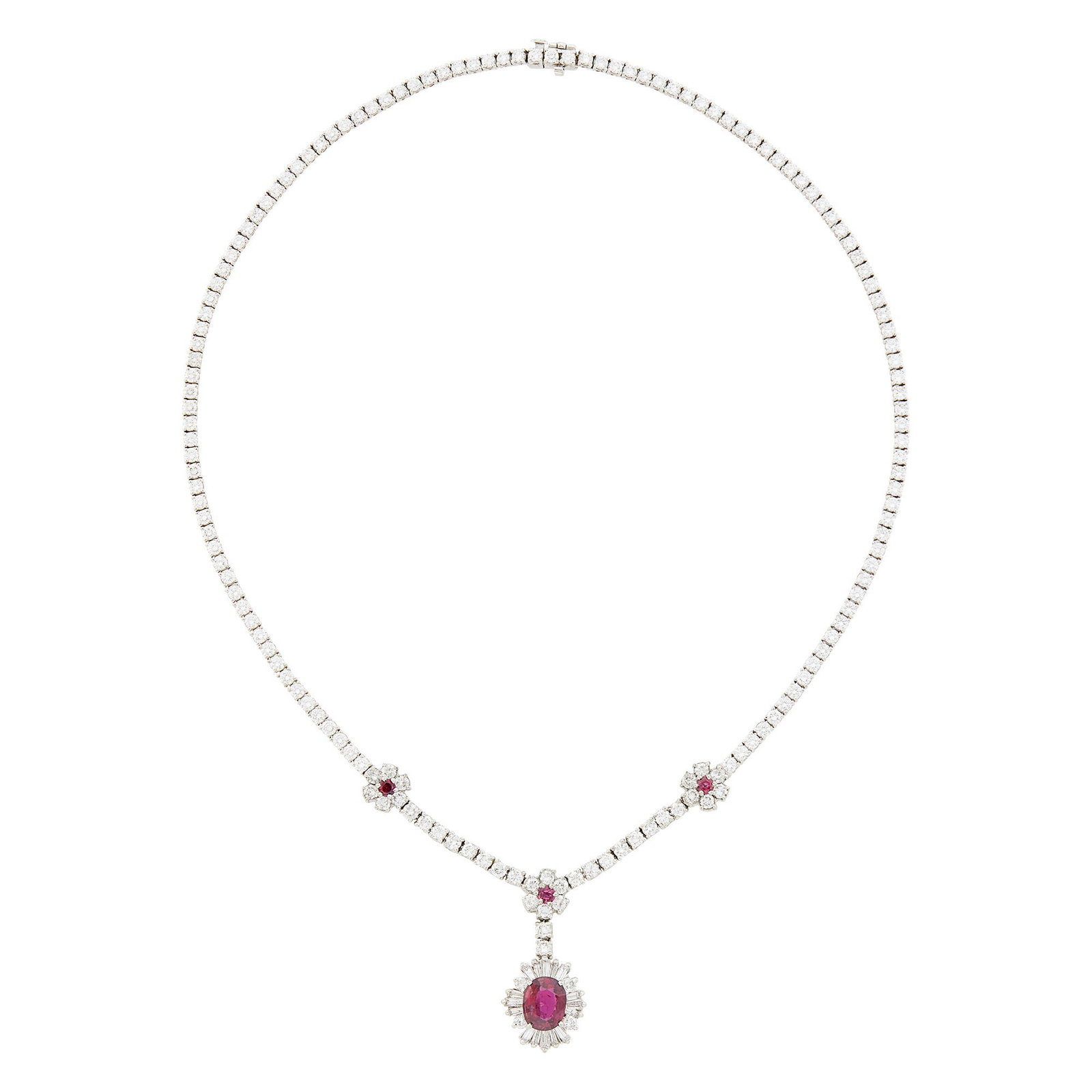 White Gold, Ruby and Diamond Pendant-Necklace: 18 kt., one oval ruby ap. 1.90 cts., 160 round and 16 tapered baguette diamonds ap. 9.60 cts., 3 small round rubies, ap. 17.3 dwts. Length 16 inches. Oval ruby: medium deep slightly purplish-red, mod