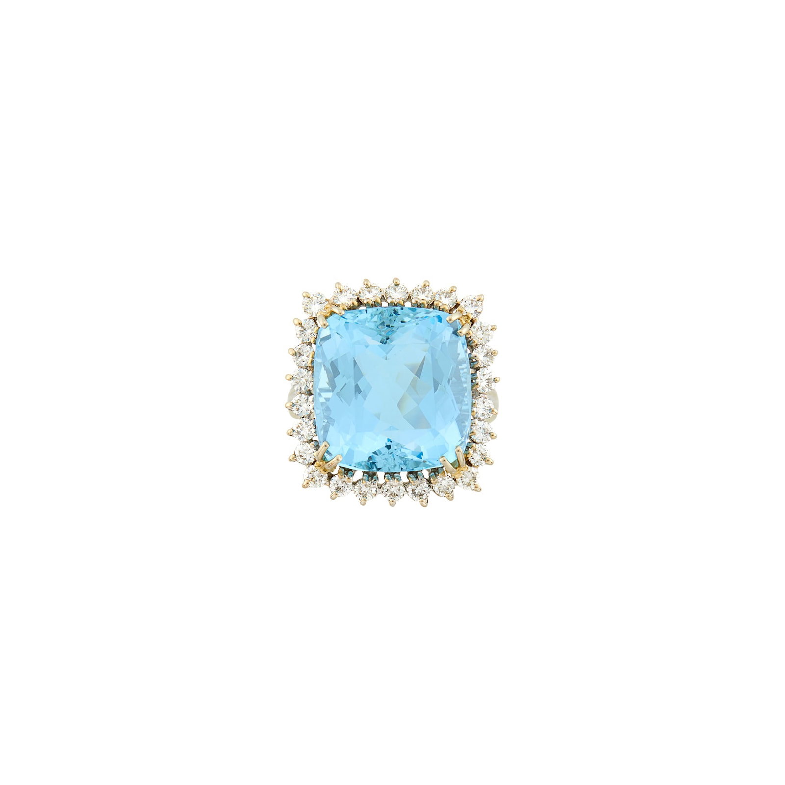 White Gold, Aquamarine and Diamond Ring: 14 kt., one cushion-shaped modified brilliant aquamarine ap. 14.65 cts., 26 round diamonds ap. 1.30 cts., ap. 5.7 dwts. Size 8 1/2. Aquamarine: medium deep sky blue, cleanish, small chip on table edg
