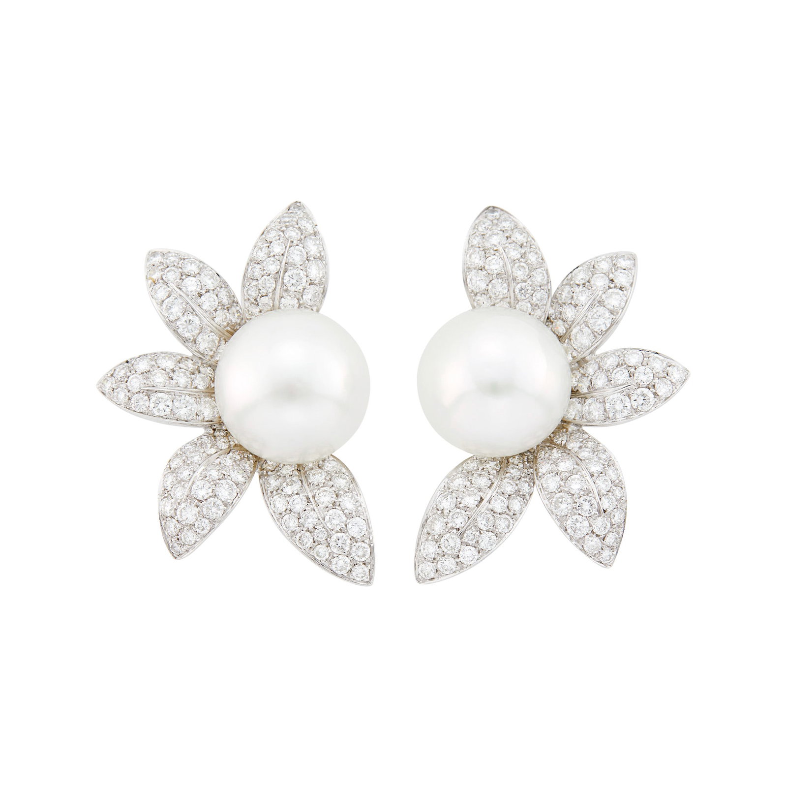 Pair of White Gold, South Sea Cutlured Button Pearl and Diamond Flower Earclips: 18 kt., 2 pearls ap. 15.3 to 15.2 mm., 206 round diamonds ap. 8.25 cts., signed Italy, with Italian assay mark, ap. 19 dwts. gross. Pearls: white with faint to medium green overtones, rose orient, fa