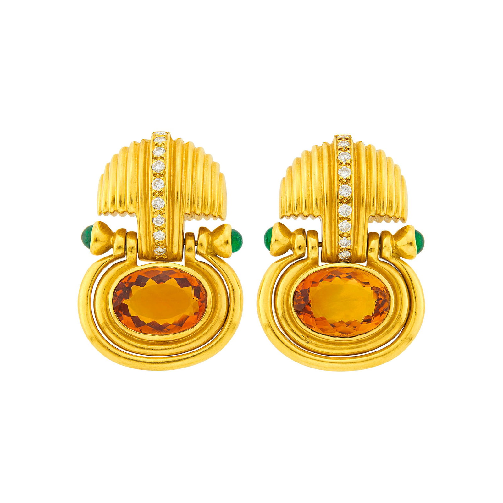 Pair of Gold, Citrine, Cabochon Emerald and Diamond Pendant-Earrings: 18 kt., 2 oval citrines ap. 7.85 cts., 18 round diamonds ap. 4 small round cabochon emeralds, signed JB, ap. 24 dwts. Citrines: medium deep slightly yellowish orange, cleanish, lively. Diamonds: H-I-