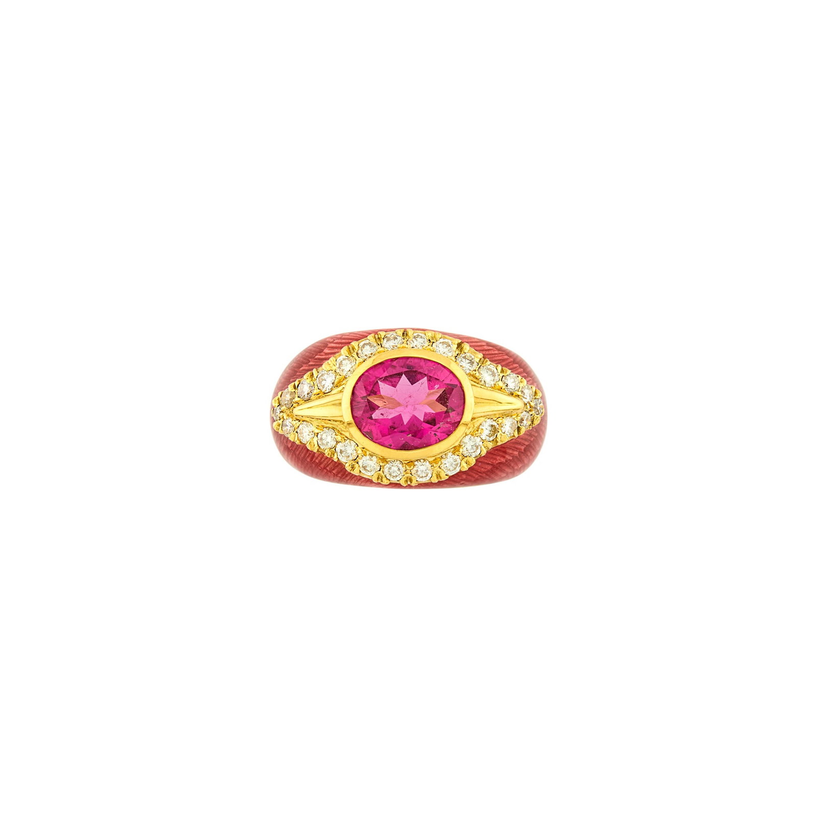 Gold, Pink Tourmaline, Diamond and Pink Enamel Ring: 18 kt., one oval pink tourmaline ap. 2.75 cts., 26 round diamonds ap. .95 ct., patterned pink enamel, ap. 10.7 dwts. Size 7. Pink tourmaline: vibrant pink, slightly to moderately included, good trans