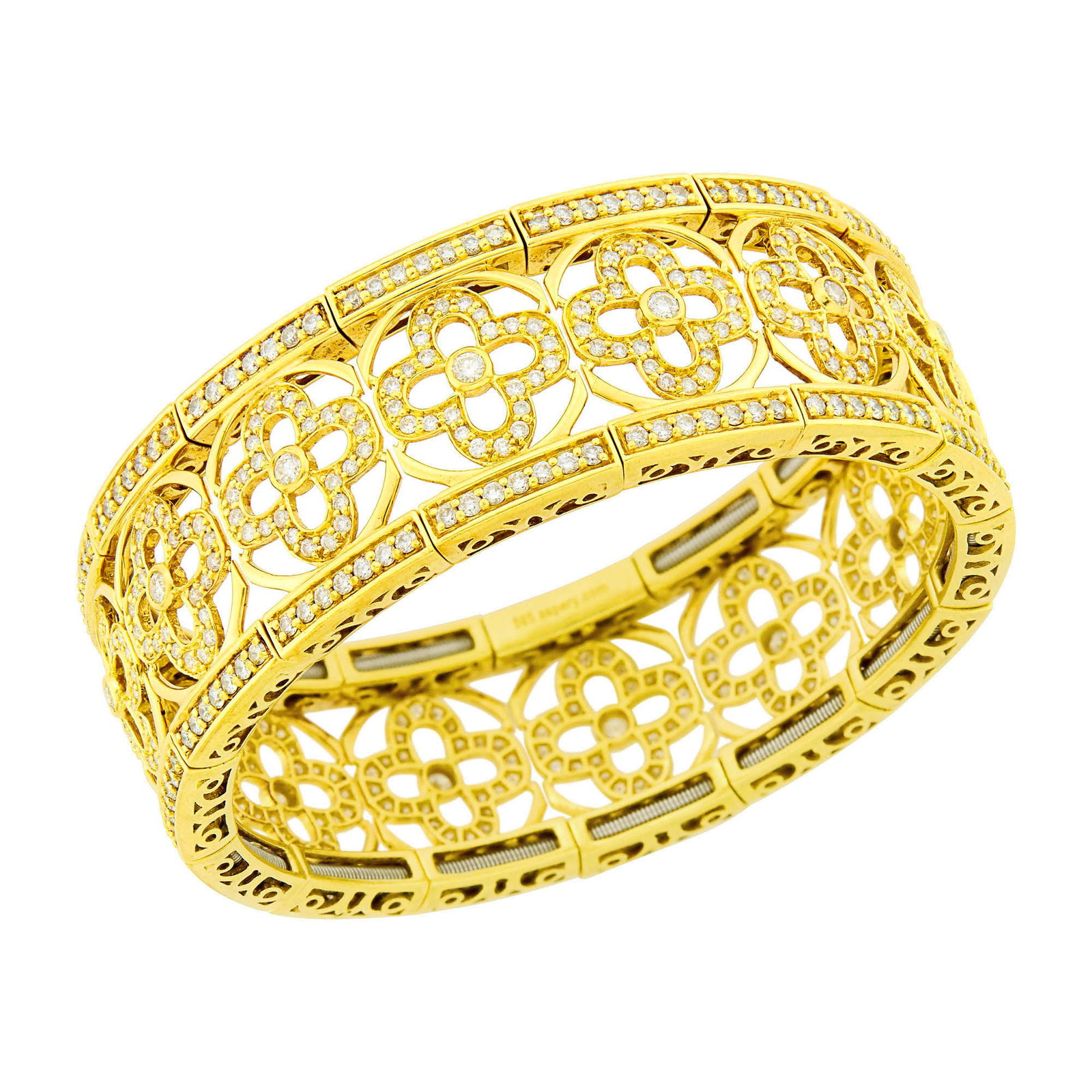 Expandable Gold and Diamond Cuff Bangle Bracelet: 14 kt., round diamonds ap. 8.00 cts., signed aspery.com, on steel wire, expandable, ap. 37.4 dwts. gross. Inner cir. 6 3/4 inches, adustable. Diamonds: H-I-J-VS-SI. Width 7/8 inch.