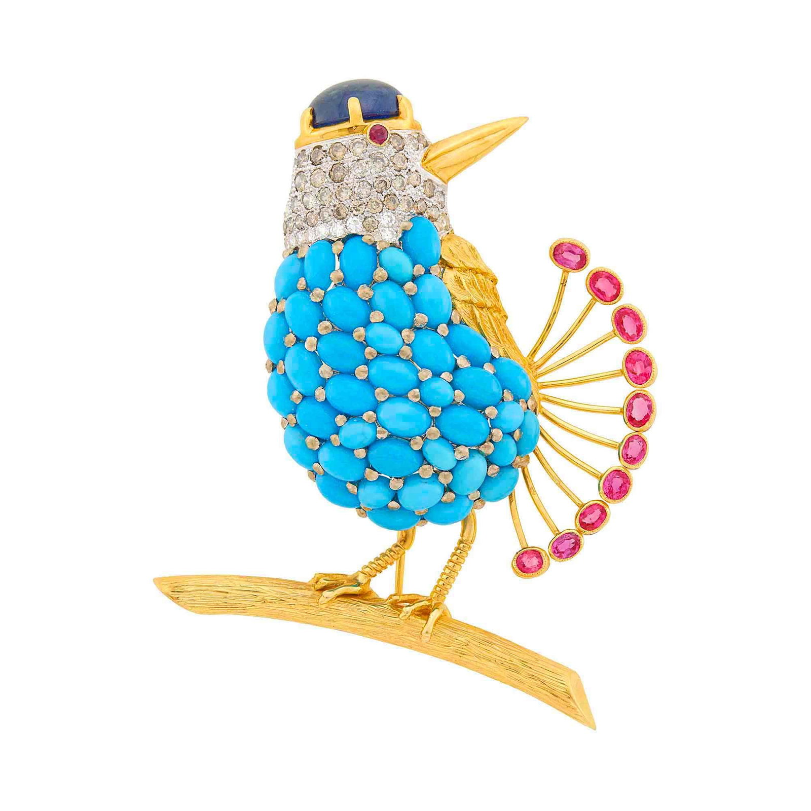 Two-Color Gold, Turquoise, Cabochon Sapphire, Ruby. Colored Diamond and Diamond Bird Brooch: Yellow and white gold, one oval cabochon sapphire ap. 7.45 cts., 11 round and oval rubies ap. 1.25 cts., oval cabochon turquoise, 10 single-cut and 39 round brown diamonds ap. 1.50 cts., ap. 16.5 dwts