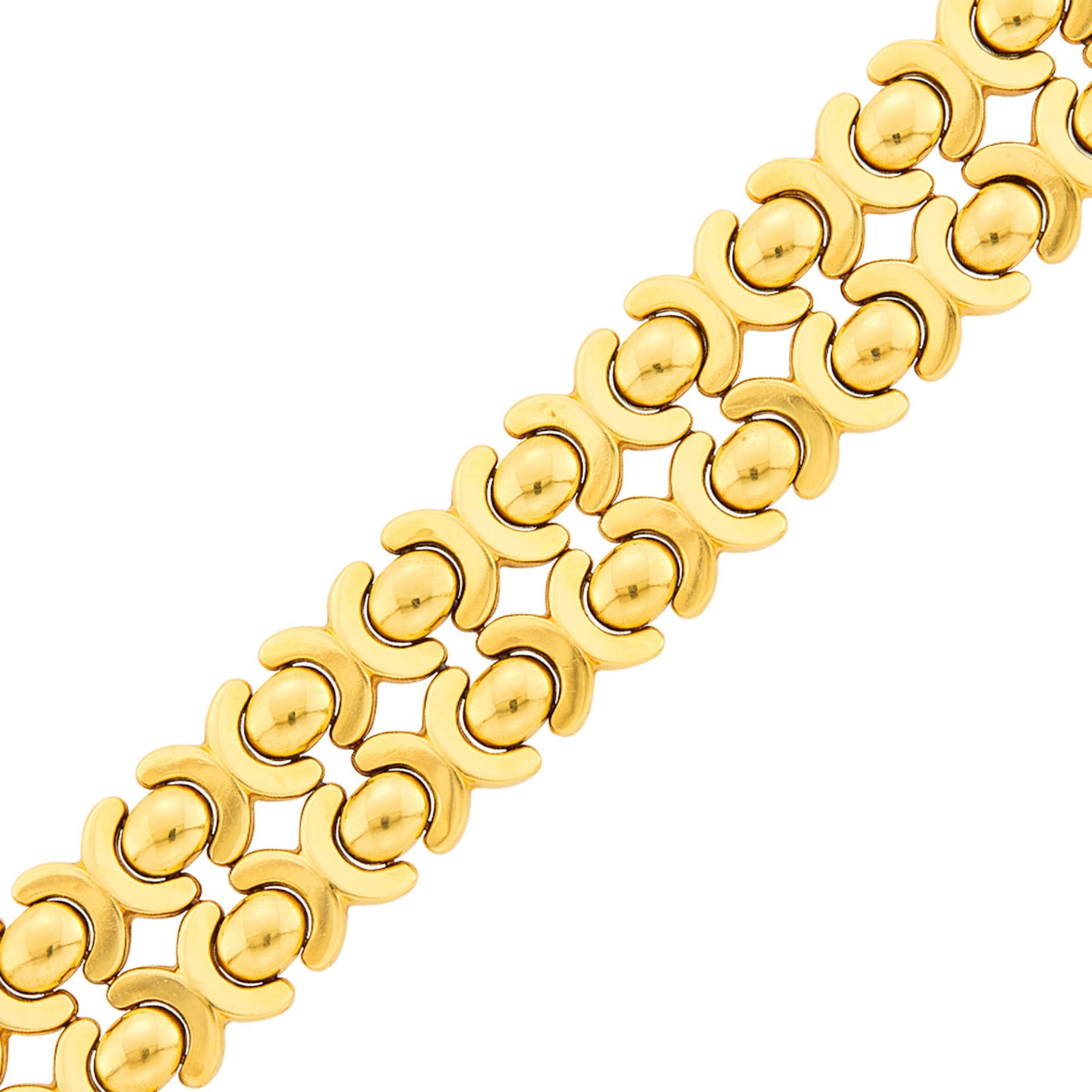 Gold Link Bracelet: 14 kt., ap. 27.7 dwts. Length 7 3/4 inches. Two bombe links, each at one end, dented. Width 7/8 inch. 2 links near clasp dented.