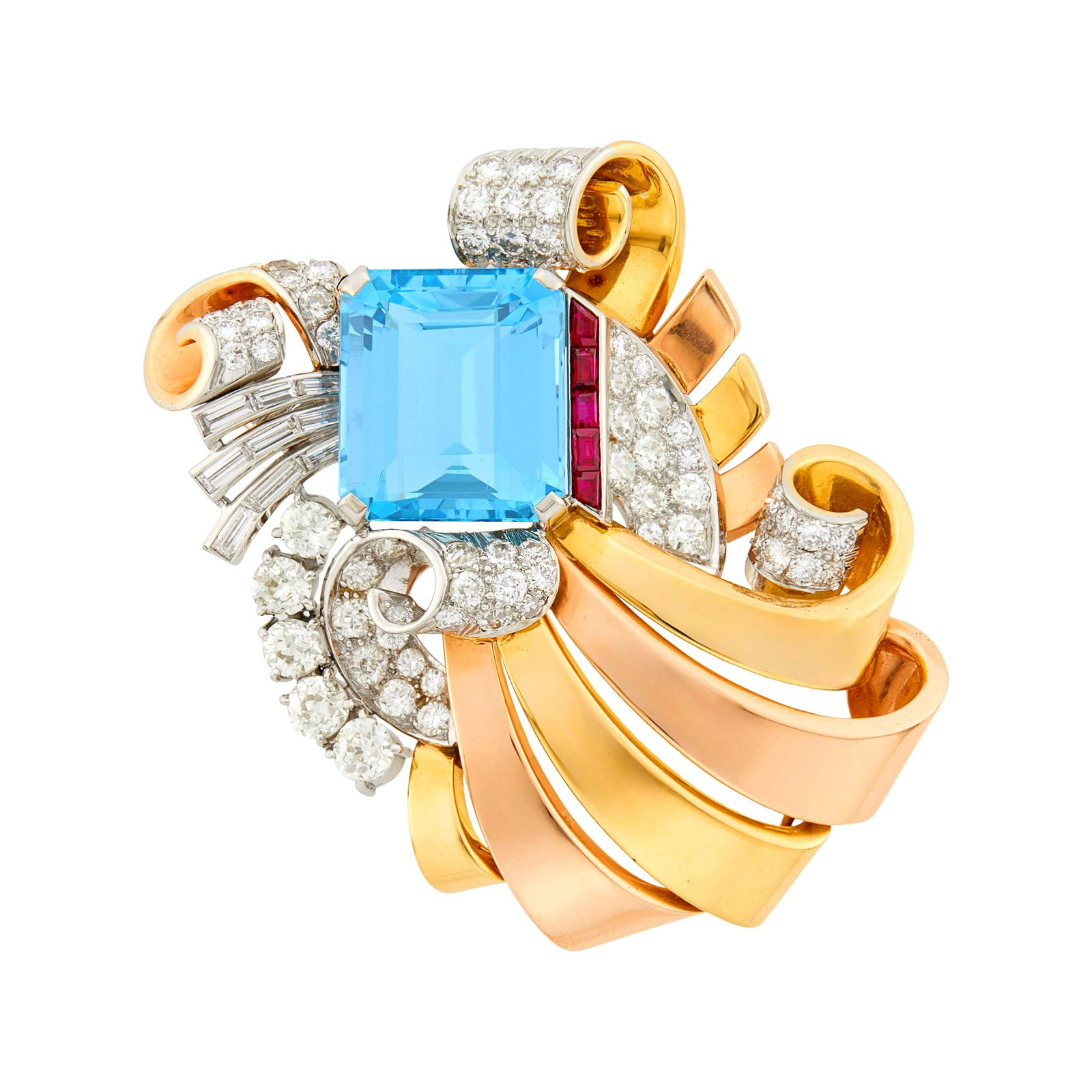 Two-Color Gold, Platinum, Aquamarine, Ruby and Diamond Clip-Brooch: Yellow and rose gold, one emerald-cut aquamarine ap. 17.50 cts., 5 old European and old-mine cut diamonds ap. 1.50 cts., 57 old European and old-mine and 4 single-cut diamonds ap. 2.85 cts., 5 rectang
