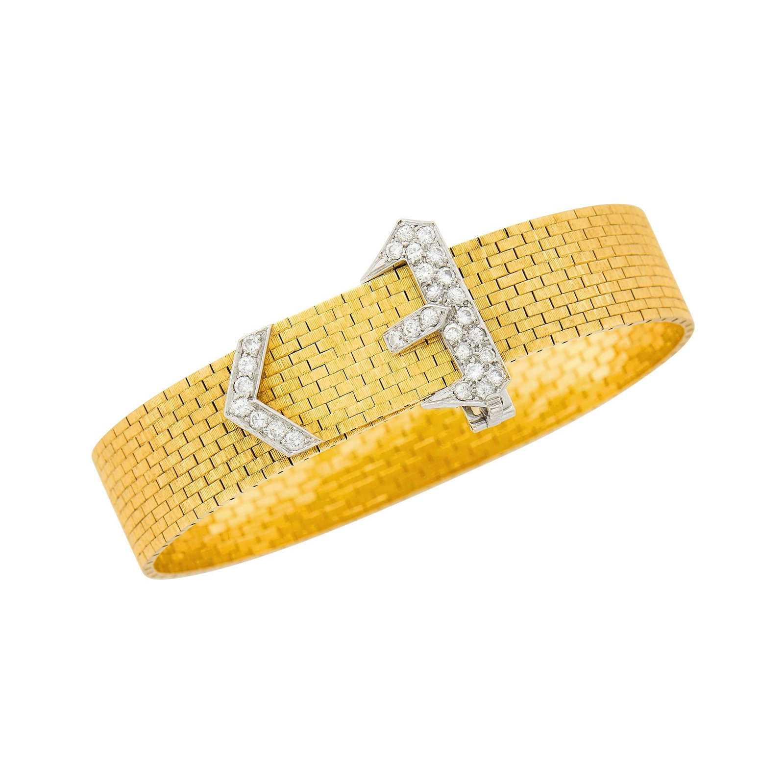 Gold, Platinum and Diamond Buckle Slide Bracelet: 14 kt., 28 round diamonds ap. .90 ct., signed C + B, no. 7168TV, c. 1940, ap. 25.8 dwts. Length 7 inches, adjustable. Diamonds: H-I-VS. Width 9/16 inch.