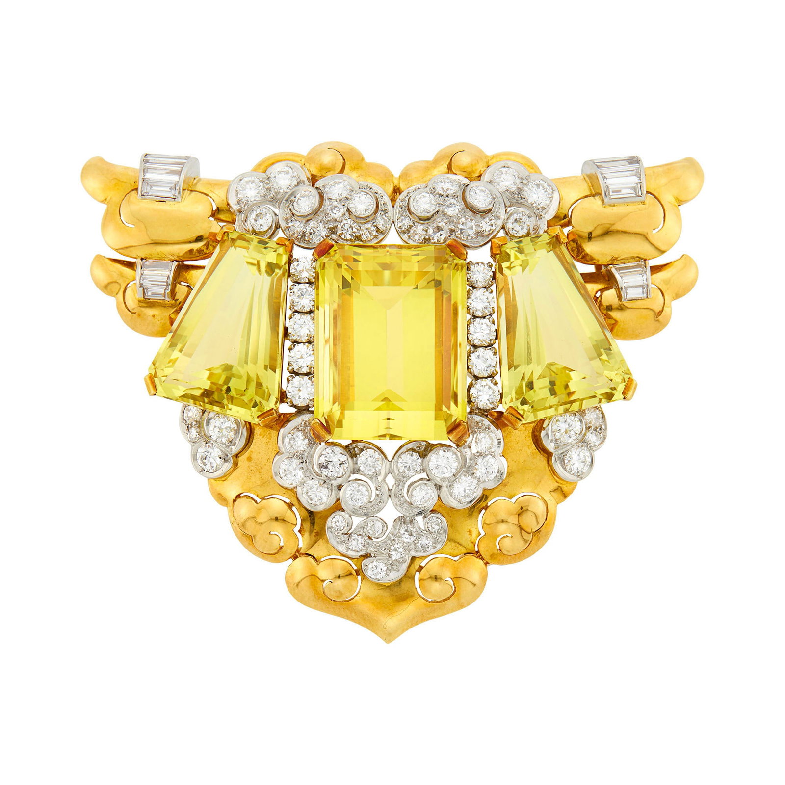 Gold, Platinum, Heliodor Beryl and Diamond Pendant Clip-Brooch: One emerald-cut heliodor beryl ap. 21.00 cts., 2 cut-cornered modified shield-shaped heliodor beryls, 53 round, 13 single-cut and 12 baguette diamonds ap. 5.00 cts., c. 1940, ap. 28.7 dwts. Tests as