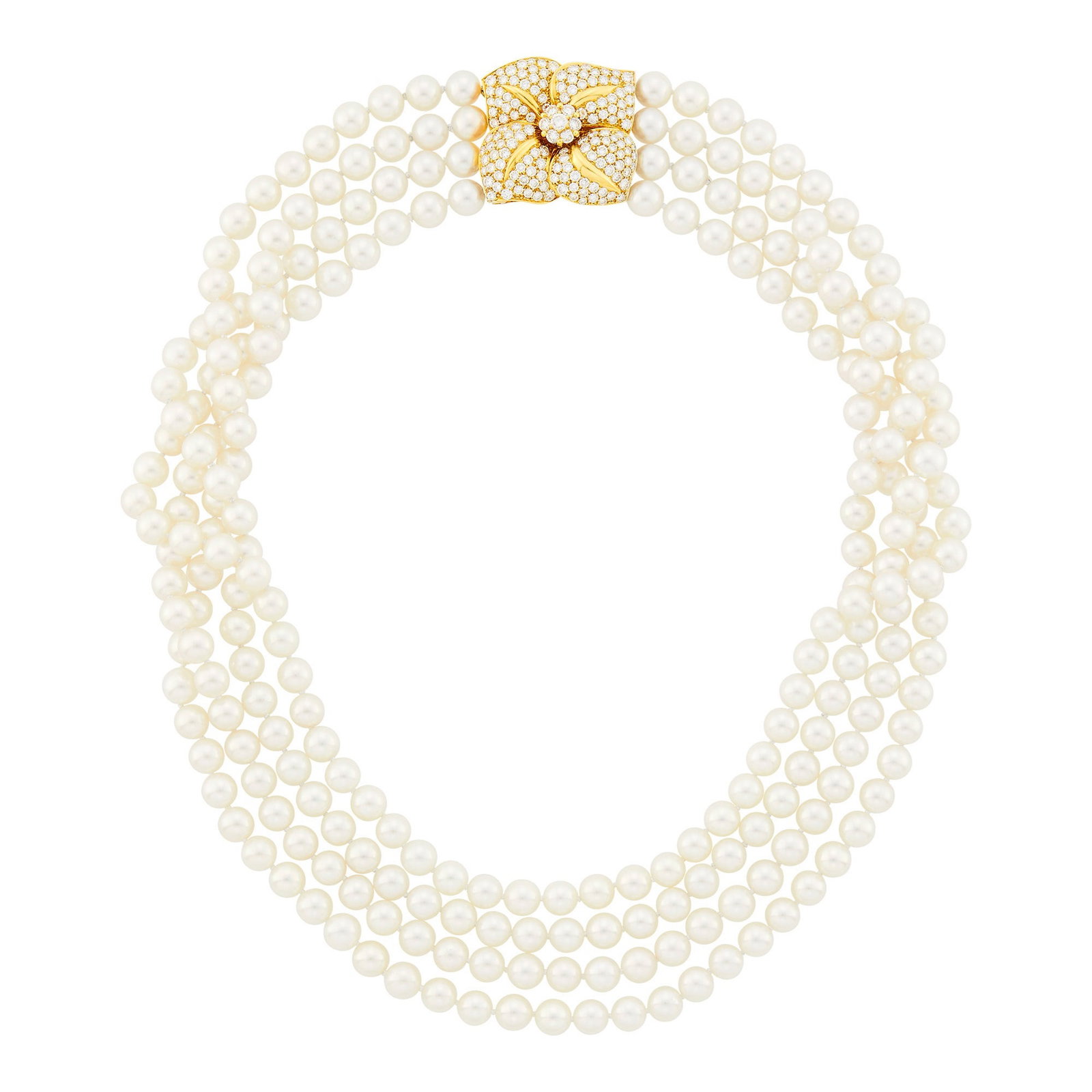 Mikimoto Four Strand Cultured Pearl Necklace with Gold and Diamond Flower Clasp: 18 kt., pearls ap. 7.3 to 6.7 mm., 131 round diamonds ap. 5.00 cts., signed M, NY. Length 18 1/2 inches. Pearls: creamy white, rose overtones, cleanish, very good luster. Diamonds: G-H-VS Clasp ap. 2