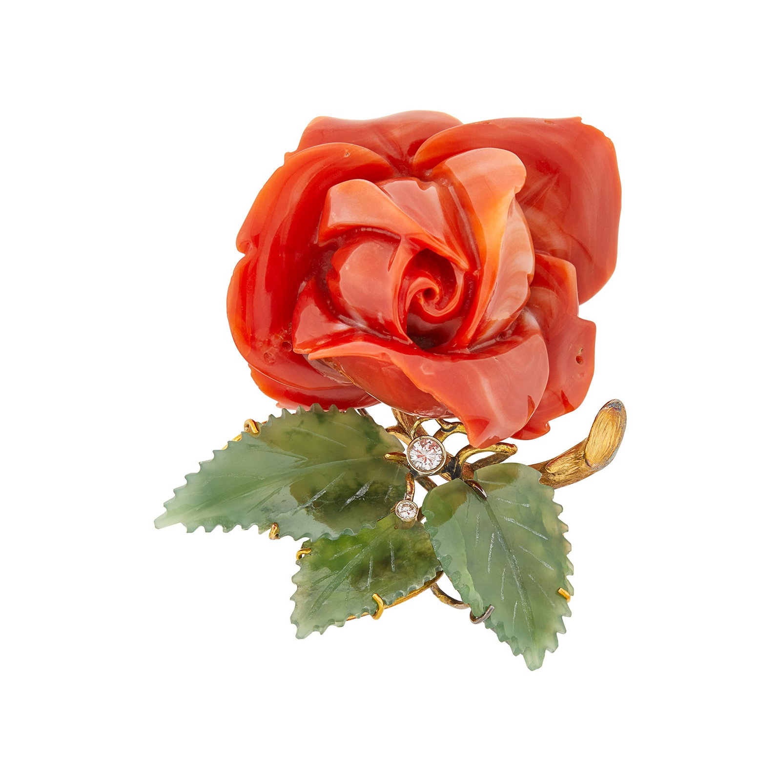Gold, Carved Oxblood Coral, Nephrite and Diamond Rose Brooch: One carved oxblood coral rose ap. 40.0 x 46.0 mm., 3 carved nephrite leaves, 2 round diamonds ap. .20 ct. Tests for 18 kt. Coral: medium deep red with several pinkish-white swirls, few pores, several