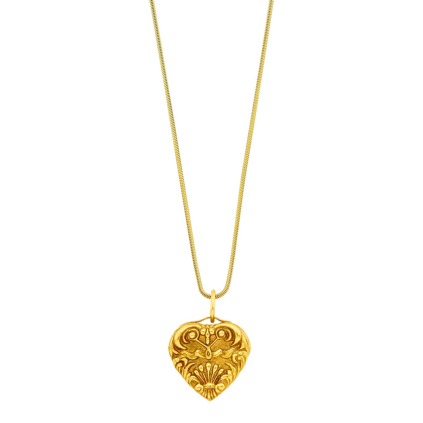 Marlene Stowe Gold Heart Pendant with Long Gold Snake Chain Necklace: 18 kt., pendant signed M.Stowe, ap. 51.3 dwts. Length 28 inches. Pendant 1 1/2 x 1 3/8 inches.