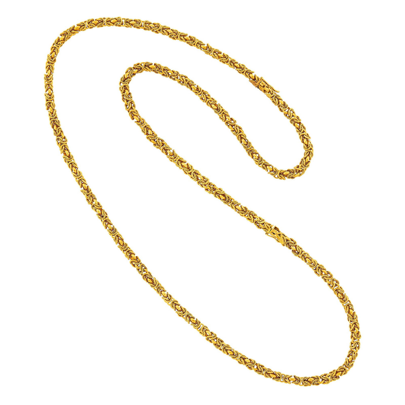 Long Gold Chain Necklace: 18 kt., woven tubular, convertible to shorter necklace, ap. 48.7 dwts. Lengths 29 and 18 inches. Width 3/16 inch. One clasp slightly loose, secure with safety clasp.