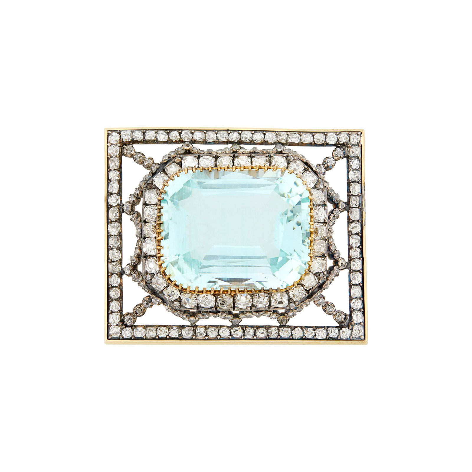 Antique Gold, Silver, Aquamarine and Diamond Brooch: One cut-cornered step-cut aquamarine ap. 35.50 cts., 98 cushion-shaped old mine-cut diamonds ap. 3.75 cts., small old-mine cut diamonds, c. 1905, ap. 13.3 dwts. Tests as 14 kt. Aquamarine: light slig