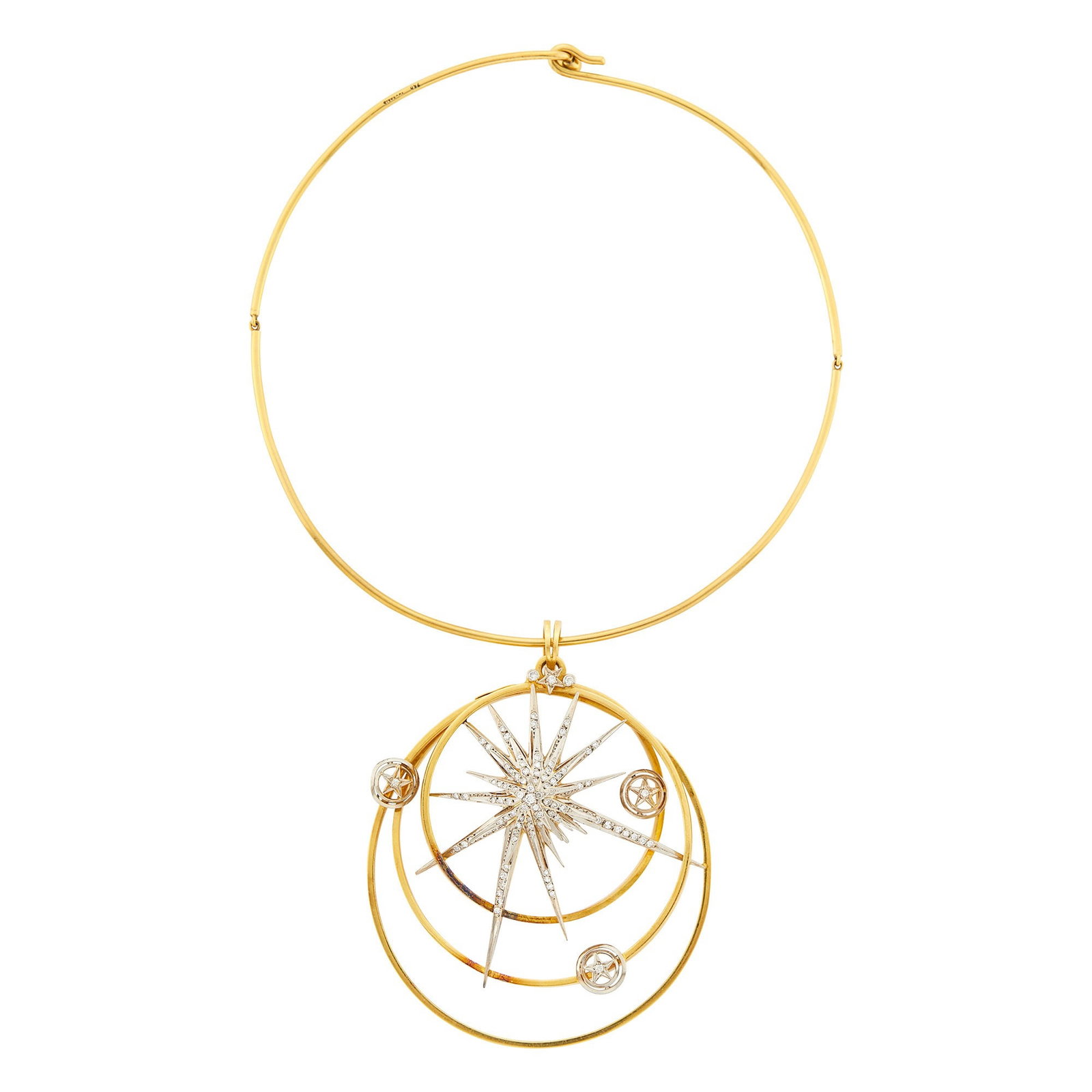 Vourakis Gold Torque Necklace with Ilias Lalaounis Two-Color Gold and Diamond Star Pendant: 18 kt. yellow and white gold, one round and 92 single-cut diamonds, necklace signed Vourakis, pendant signed Ilias Lalaouinis, with maker's mark, ap. 47 dwts. gross. Length 14 1/2 inches. Necklace wid