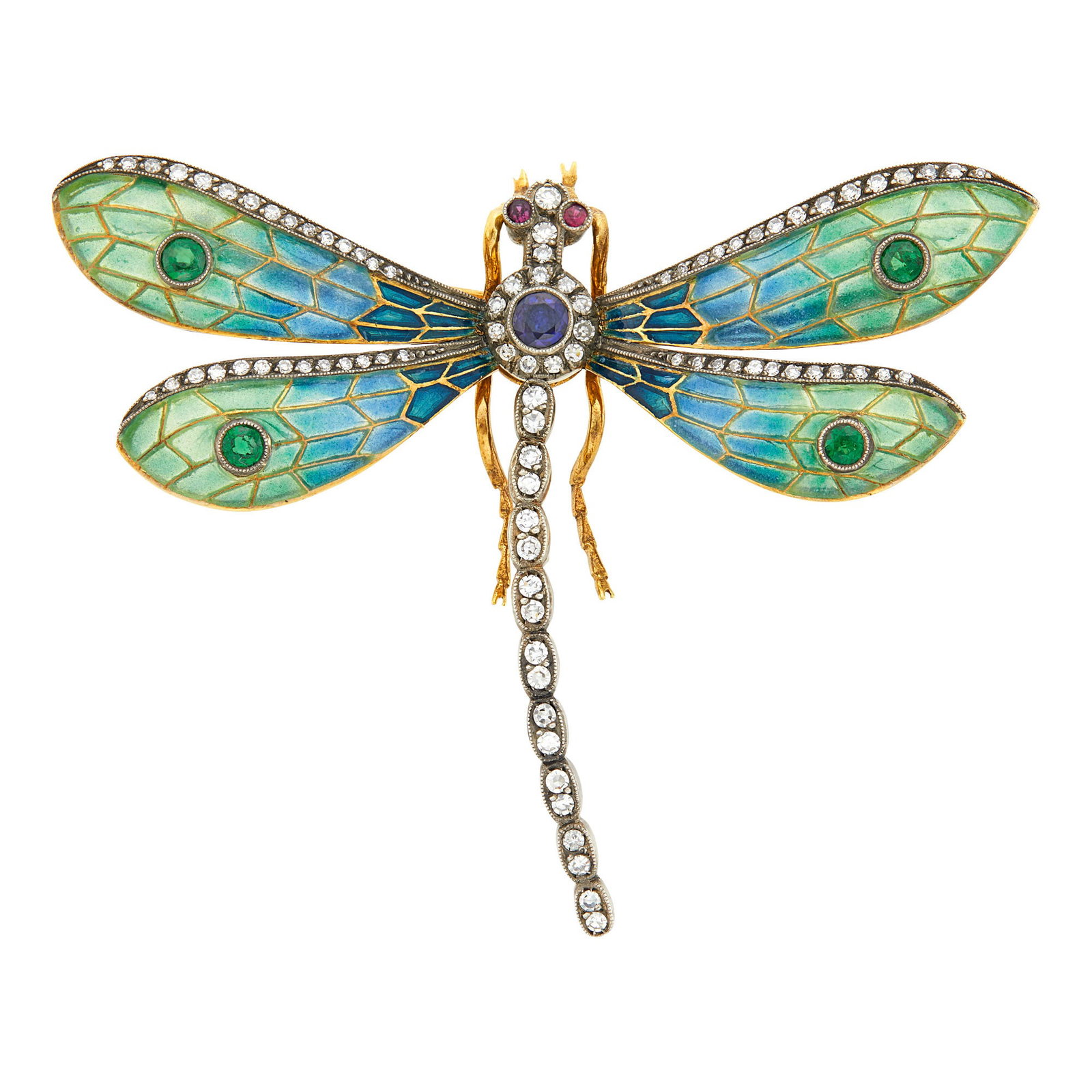Silver, Gold, Plique-a-Jour Enamel, Diamond and Gem-Set Dragonfly Brooch: Blue and green plique-a-jour enamel, single-cut diamonds, small round ruby eyes, one round sapphire, 4 small round tsavorite garnets, ap. 11 dwts. Tests as 18 kt. Several scratches on several inner p