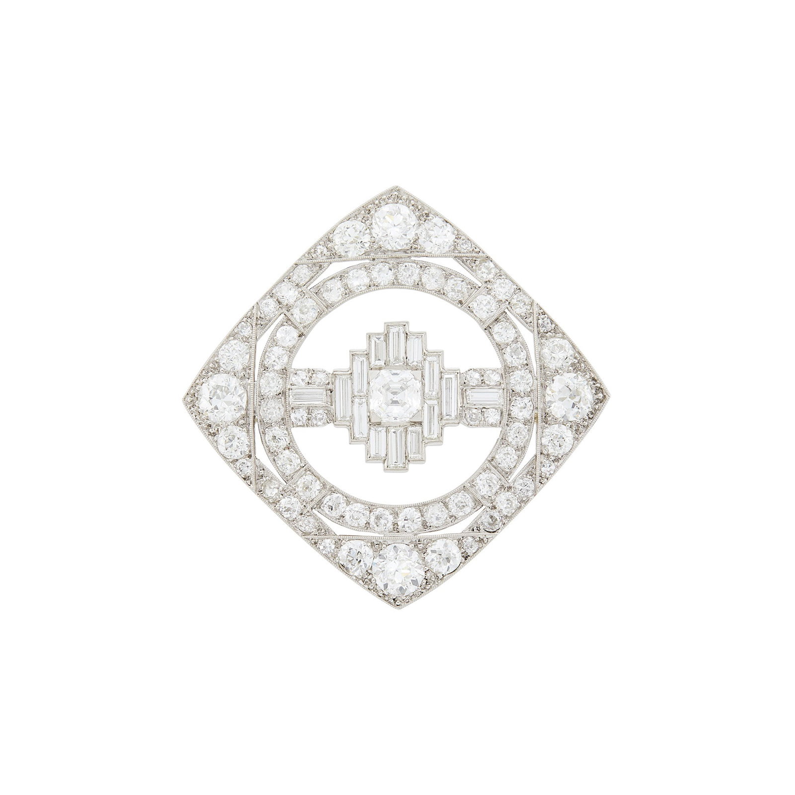 Platinum and Diamond Pendant-Brooch: One asscher-cut diamond ap. .70 ct., 4 old European-cut diamonds ap. 1.20 cts., 48 old European and 16 single-cut and 16 baguette diamonds ap. 4.15 cts., c. 1930, ap. 9 dwts. Diamonds: F-G-H-VS, seve