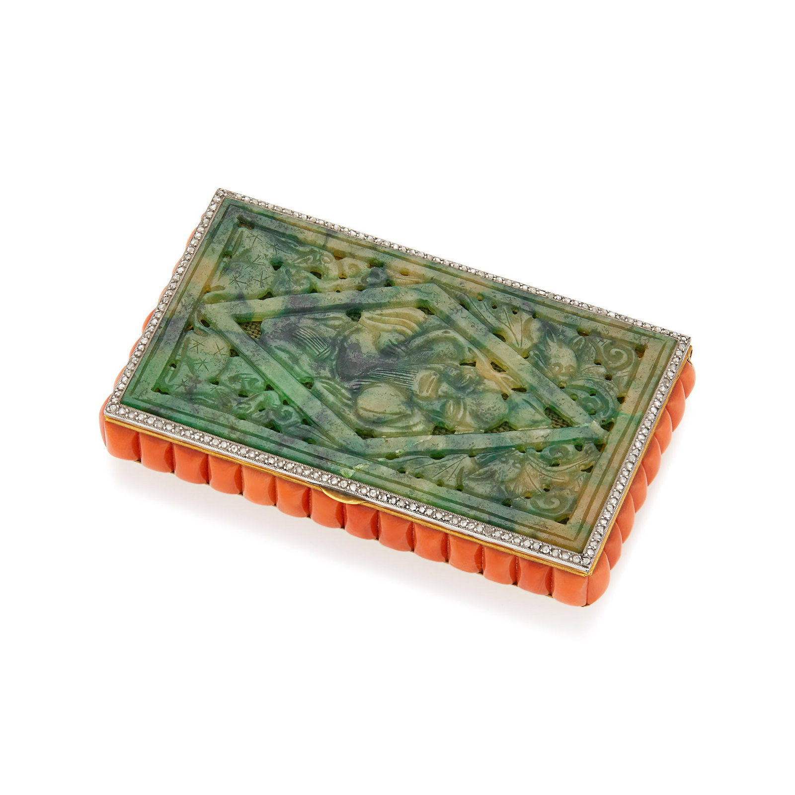 Berlioz-Leroy Gold, Platinum, Carved Jade, Coral and Diamond Case: 18 kt., one rectangular carved pierced jade plaque ap. 61.0 x 34.0 mm., rose-cut diamonds, rectangular buff-topped cabochon coral all around sides, interior with mirror, signed Belioz.Leroy, Paris.Can