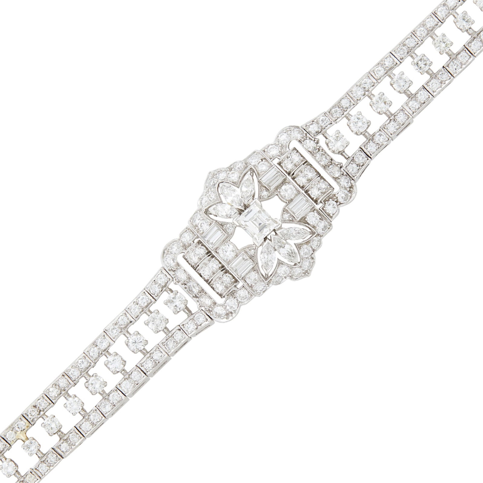 Platinum and Diamond Bracelet: One rectangular-cut diamond ap. .60 ct., 192 round, 6 marquise-shaped and 8 baguette diamonds ap. 6.50 cts., ap. 19.3 dwts. Length 6 inches. Center diamond: G-H-SI1. Diamonds: G-H-I-VS-SI. Clasp is t
