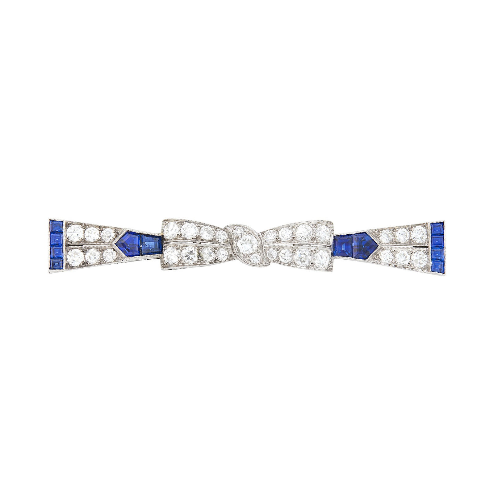 Platinum, Diamond and Sapphire Bow Bar Pin: 31 old European and transitional-cut diamonds ap. 1.90 cts., 12 square, rectangular and fancy-shaped sapphires, no. 22130, c. 1920, ap. 5.4 dwts. Diamonds: G-H-I-VS, several SI. Sapphires: medium to