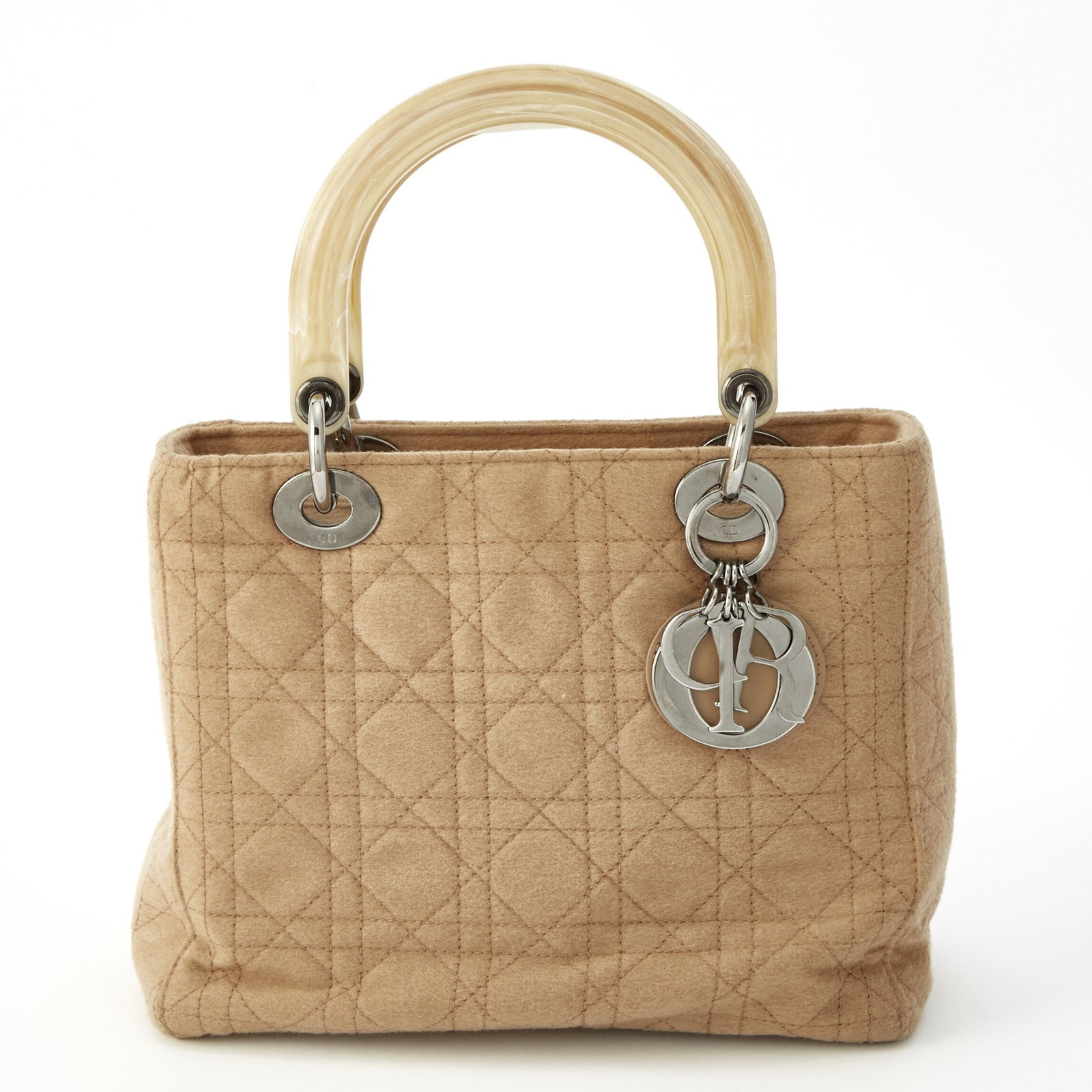 Christian Dior Beige Wool Cannage Lady Dior Bag: Wool tote with acrylic dual top handles, silver-tone hardware and charms, zip-top opening, dark brown monogramed fabric interior with zippered side pocket, signed Christian Dior. 9 1/8 x 8 x 3 7/8 inc