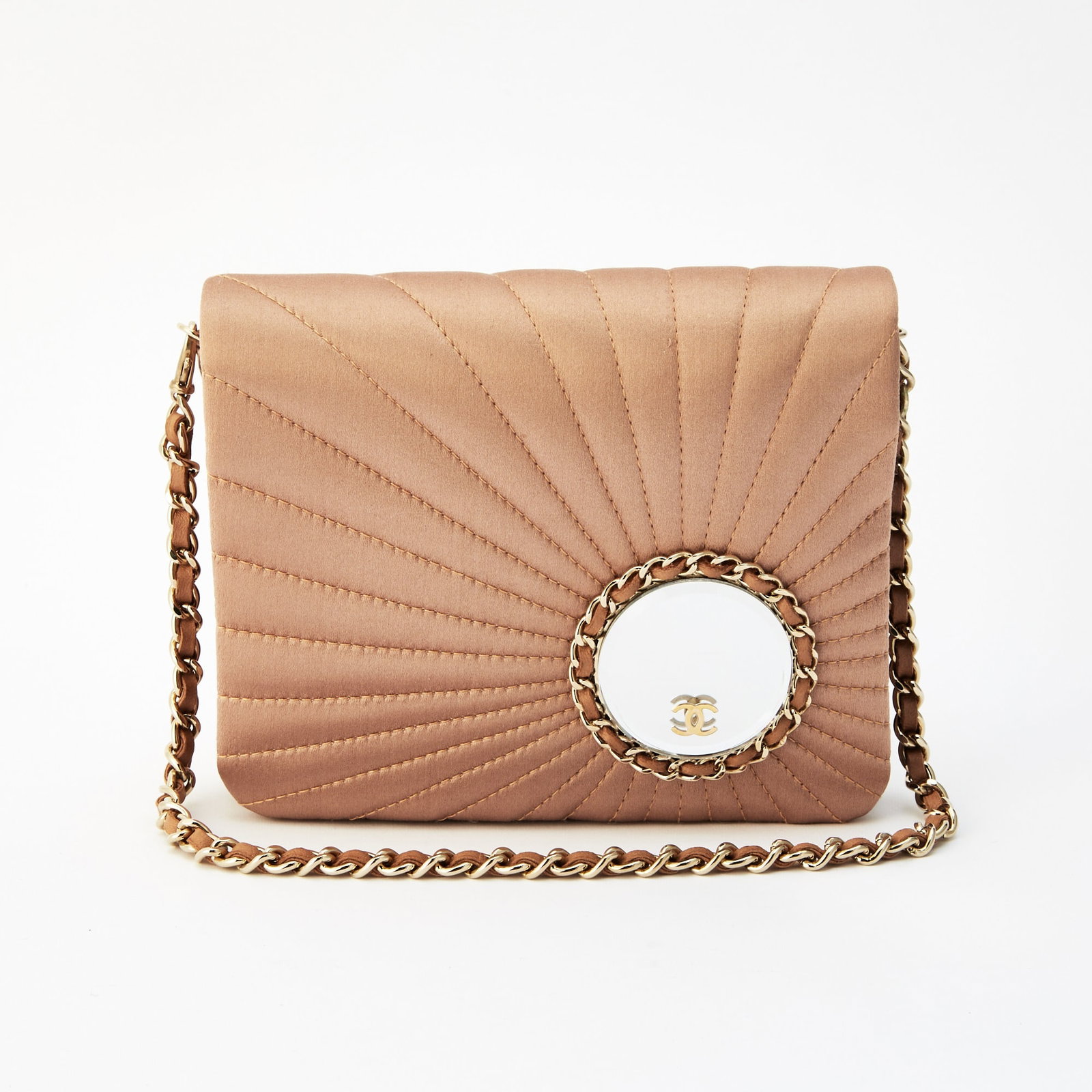 Chanel Pink Satin Mirror Flap Bag: Front flap with circular mirror, gold-tone hardware, woven-in leather chain strap, white fabric interior with side slip pocket, signed Chanel, no. 10051725, c. 2005-2006. 6 1/4 x 5 x 1 inch.