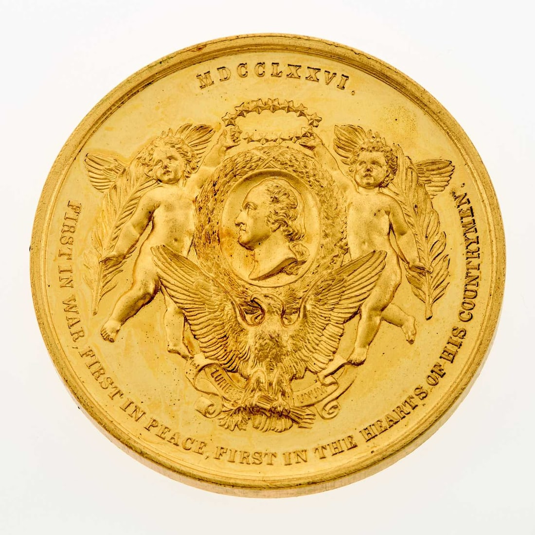 United States. c. 1876 Danish Medal. MDCCLXXVI Obverse. 53mm. Gilt Bronze. Prooflike Uncirculated.: A gilt-bronze example of the "Danish Medal", issued in multiple formats for the Centennial Exhibition held in Philadelphia in 1876. This piece was owned by New York-based art dealer Gilbert Steinberg,