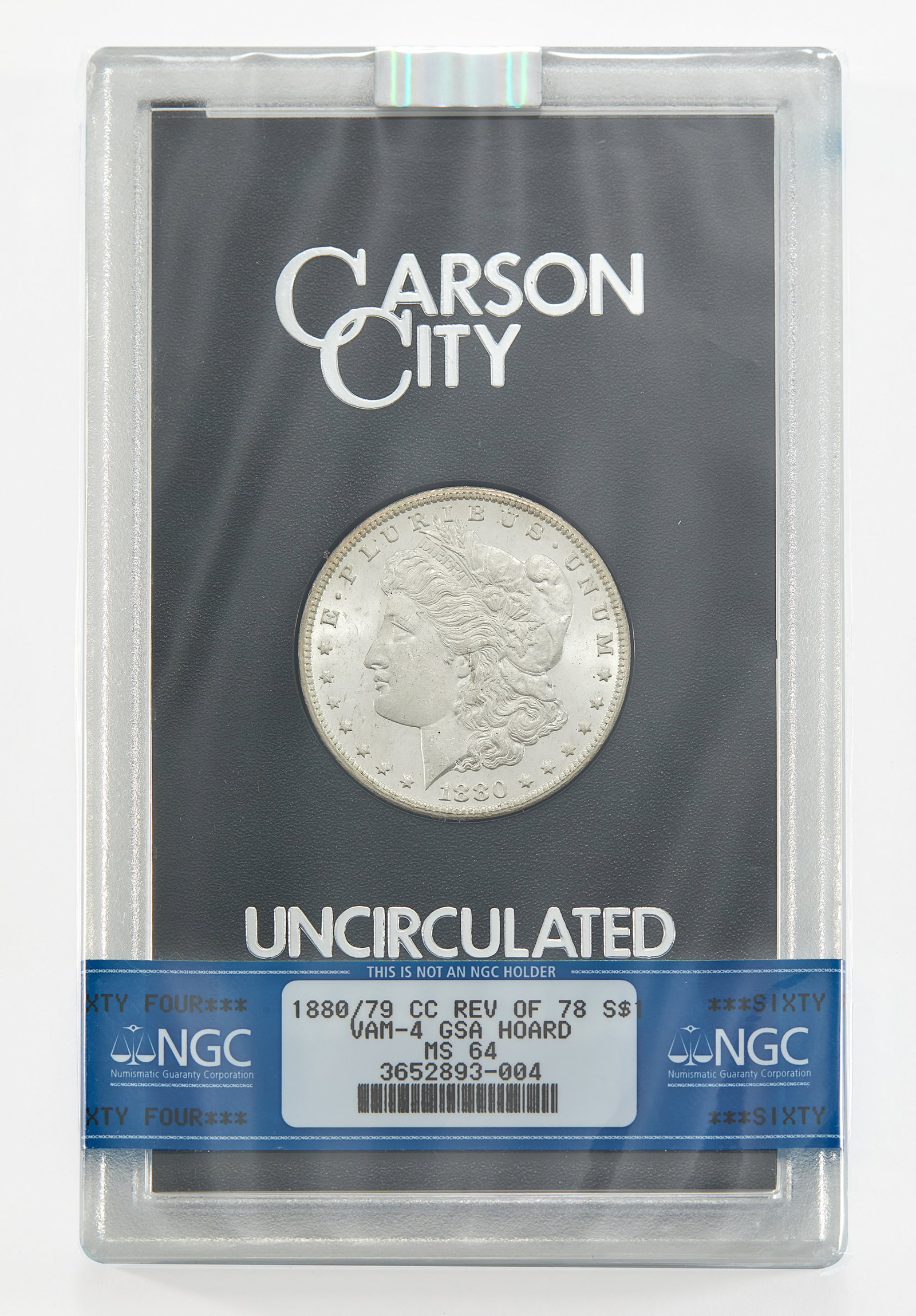 United States. 1880/79-CC Reverse of 1878 Morgan Dollar, GSA Hoard. NGC MS-64.: A pleasing example of one of the best-known and most popular VAM varieties. In GSA hard pack case and box with both the original card and a card detailing the 80/79-CC variety. The box's hinge is brok