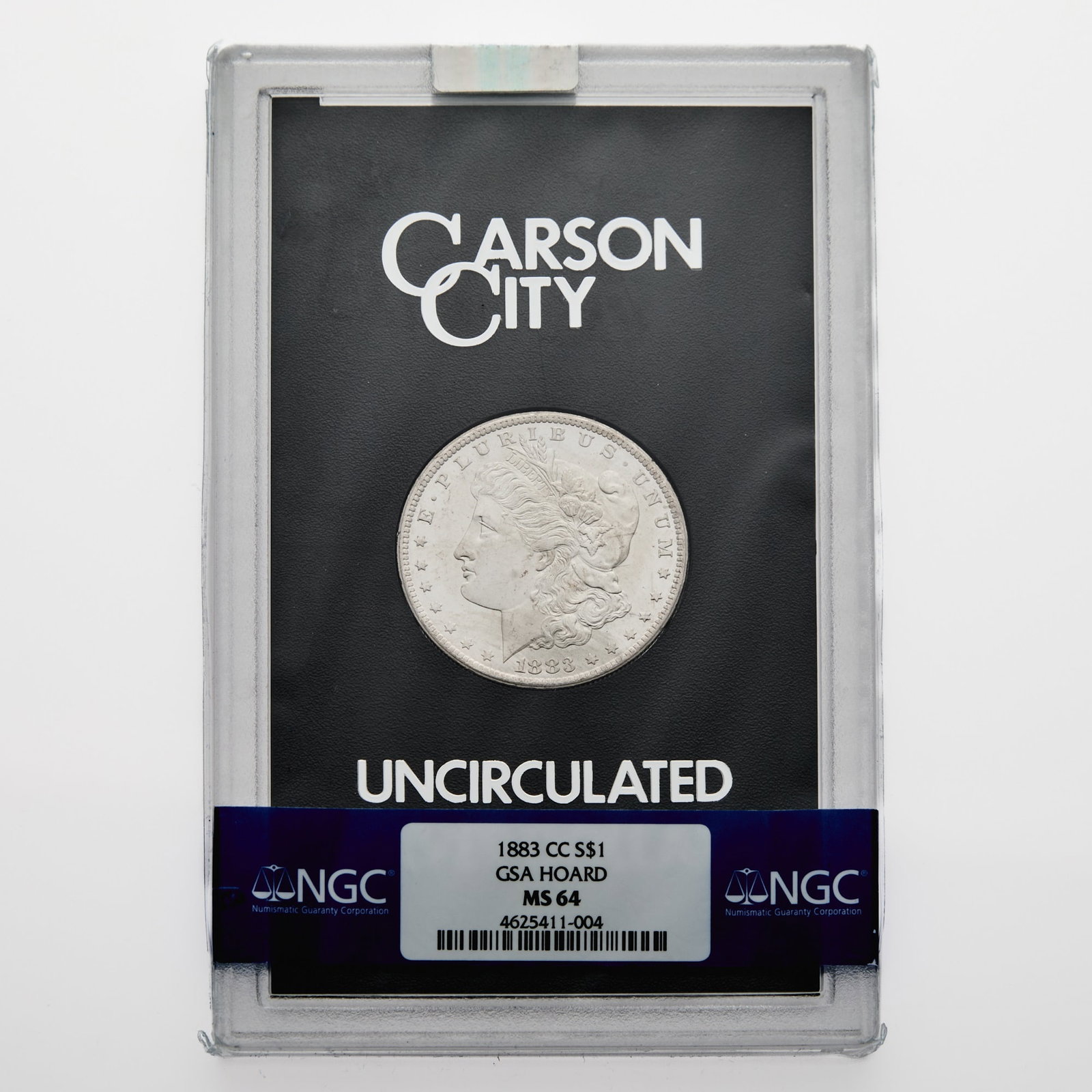 United States. 1883-CC Morgan Dollar, GSA Hoard. NGC MS-64.: With original hard pack case and box and original COA. Box hinge broken. NGC ID#: 254H; PCGS #: 518869.