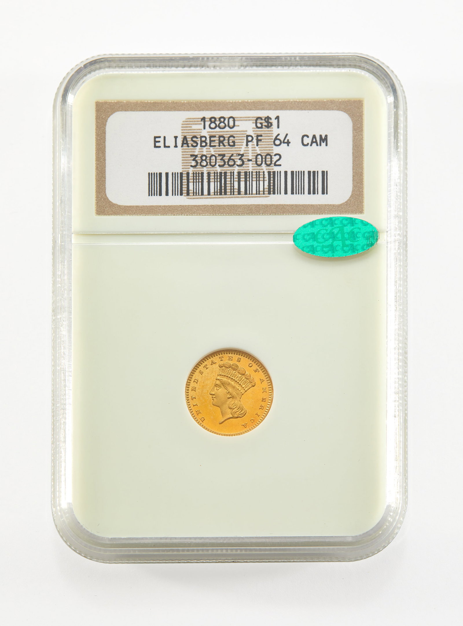 United States. Proof 1880 Gold Dollar. NGC PF-64 CAM CAC, Eliasberg Collection.: A very pleasing example of a rare Proof gold dollar. With a reported mintage of just 36 specimens (and a surviving population surely smaller), and a pedigree to one of the greatest U.S. coin collectio
