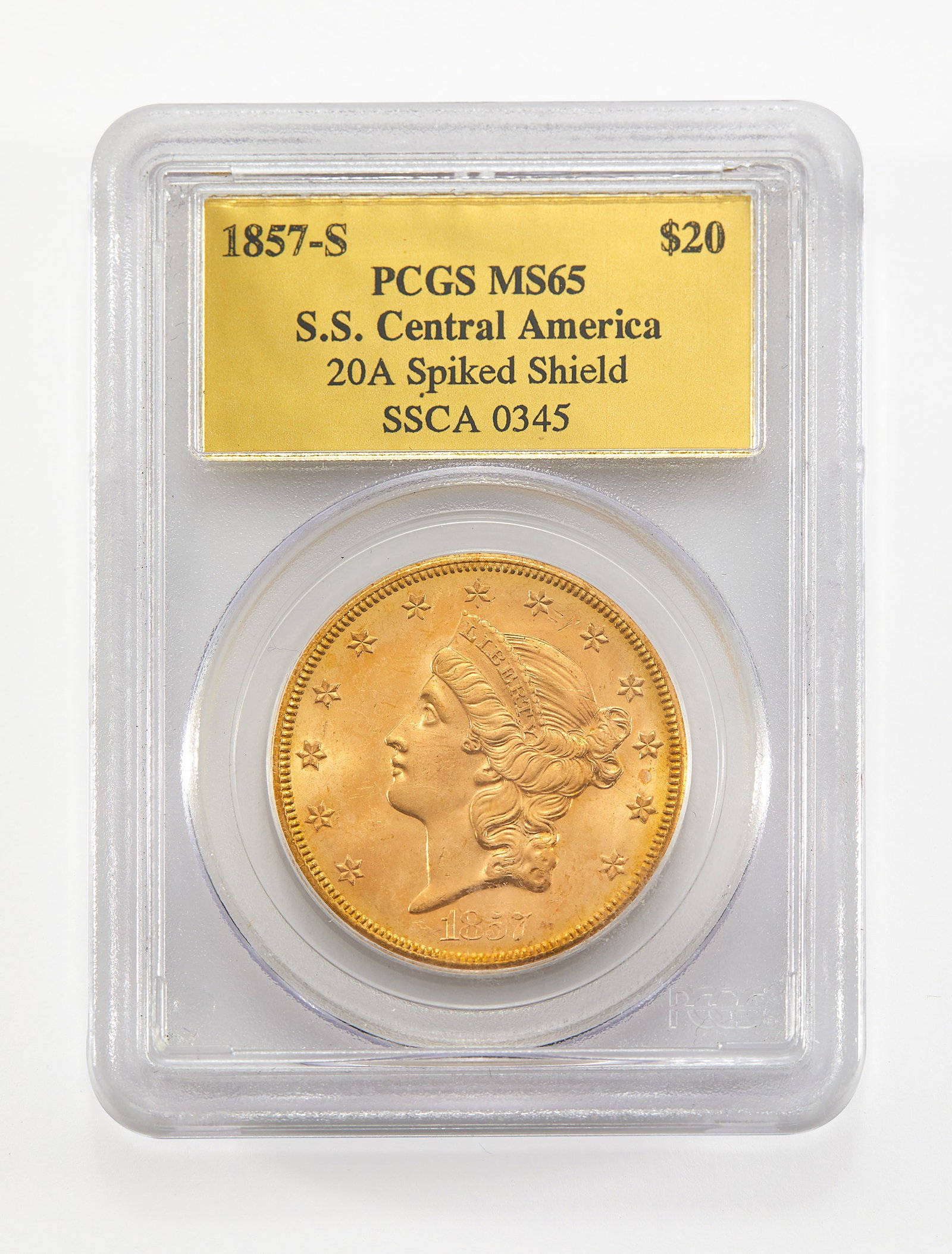 United States. 1857-S Liberty Head Double Eagle. PCGS MS-65, S.S. Central America Recovery.: A beautiful Gem Uncirculated example of a date very strongly associated with the wreck of the S.S. Central America, from which most known examples were recovered in the late 1980s, early 1990s, and 20