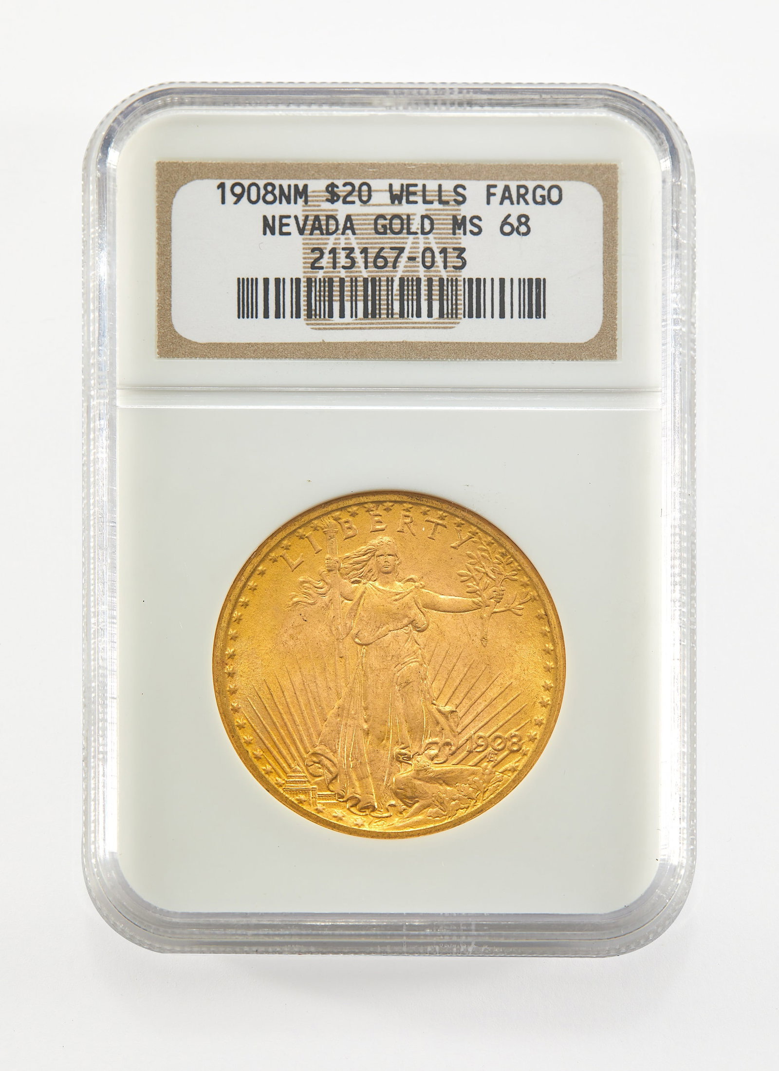 United States. 1908 No Motto St. Gaudens Double Eagle. NGC MS-68, Wells Fargo Hoard.: Older NGC holder, Wells Fargo Hoard. Thousands of pristine 1908 No Motto St. Gaudens Double Eagle were recovered from a Nevada Wells Fargo bank vault in the early 1990s. Sealed since 1917, the vault i