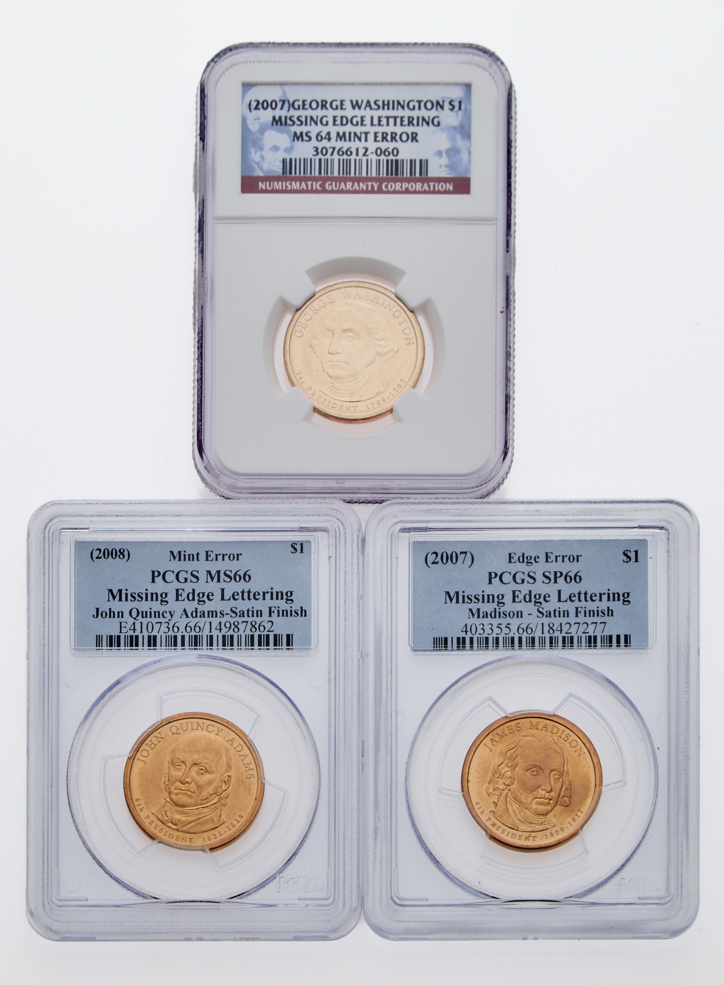 United States. Group of Presidential Dollars Missing Edge Lettering. PCGS and NGC Certified.: Nice examples of the Presidential Dollar series' first notable error. 2007 George Washington Presidential Dollar, Missing Edge Lettering - NGC MS-64 Mint Error 2007 James Madison, Satin Finish, Missin