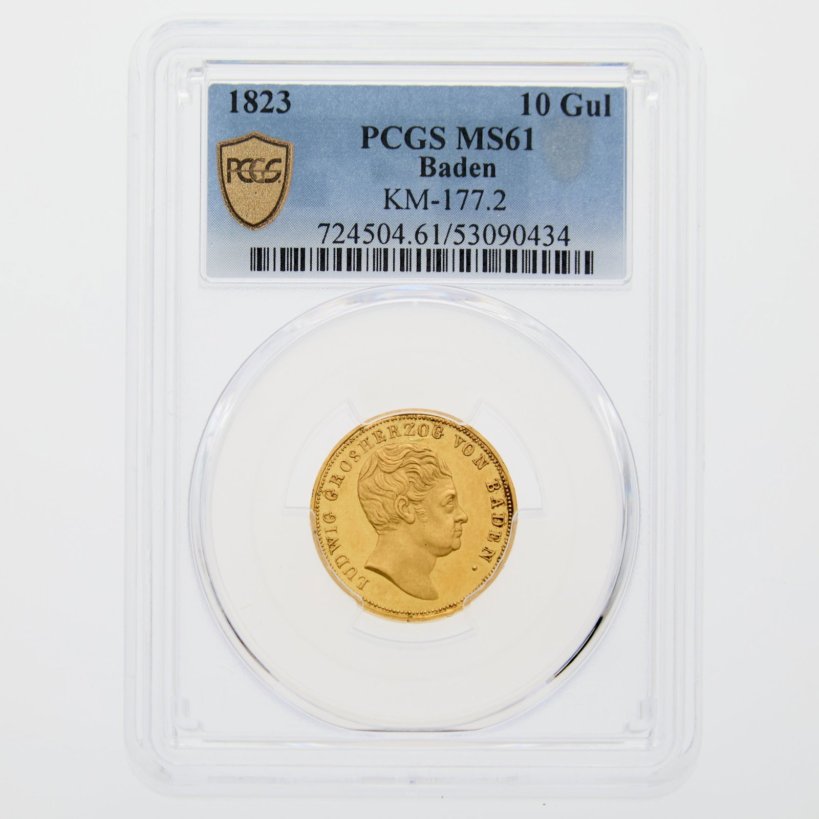 German States, Baden. 1823 Ten Gulden. PCGS MS-61.: A sharp, attractive example of a rare, seldom-seen issue, with a mintage of just 373 pieces. KM# 177.2; Fr.# 149; AKS# 45; Jaeg 2 AB# 34; Divo/S.# 3; Schlum