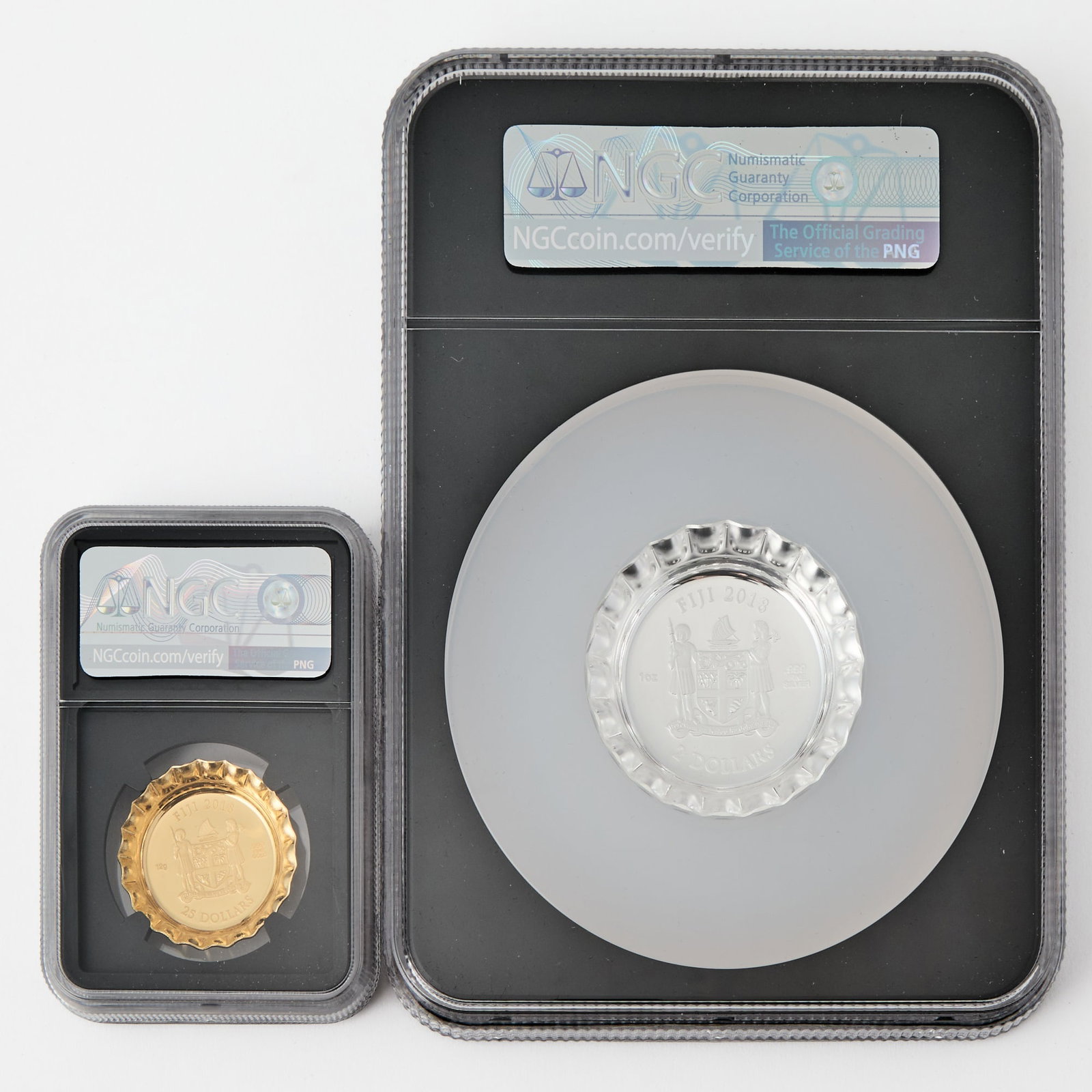Fiji. 2018 Gold $25 and Silver Two Dollar Coca Cola Commemorative Coins. NGC Certified PF-70 UCAM.: In original packaging with numbered certificates of authenticity. Gold $25 is number 31, silver $2 is number 101. Gold $25: KM #745. Silver $2: KM #716.