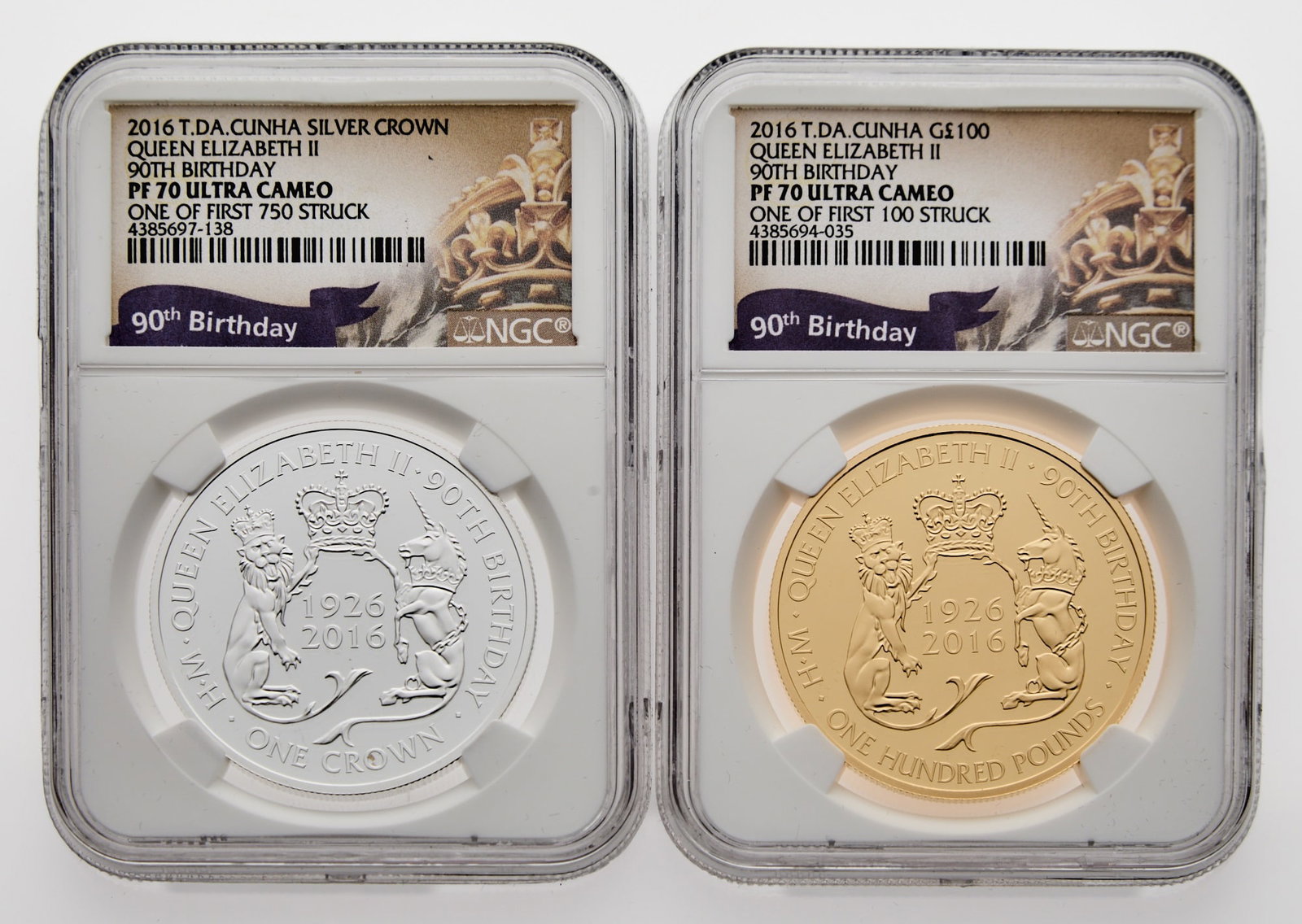 Tristan da Cunha. 2016 Queen's 90th Birthday £100 and One Crown Commemorative Coins. NGC PF-70: Issued to commemorate Queen Elizabeth II's 90th birthday, both coins recieved Proof 70 Ultra Cameo grades from NGC. Both coins are one-ounce. The gold £100 is one of the first 100 struck and the