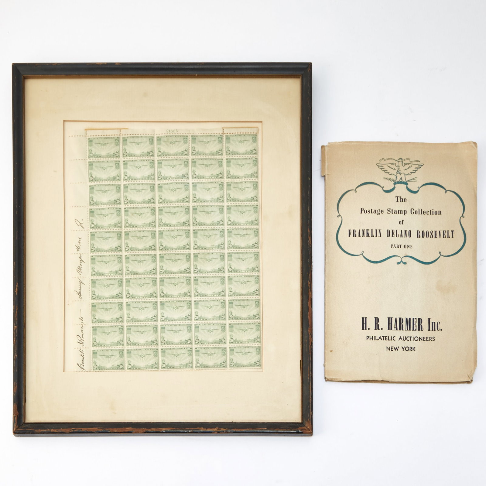 Full sheet of 1937 20 Cent Green China Clipper Trans-Pacific Airmail Stamps Signed by F.D.R. and: Mounted with in a frame that allows some curl around the edges. Perforations somewhat creased. Minor natural creases in pane. Signatures clear. SCV: $400. <