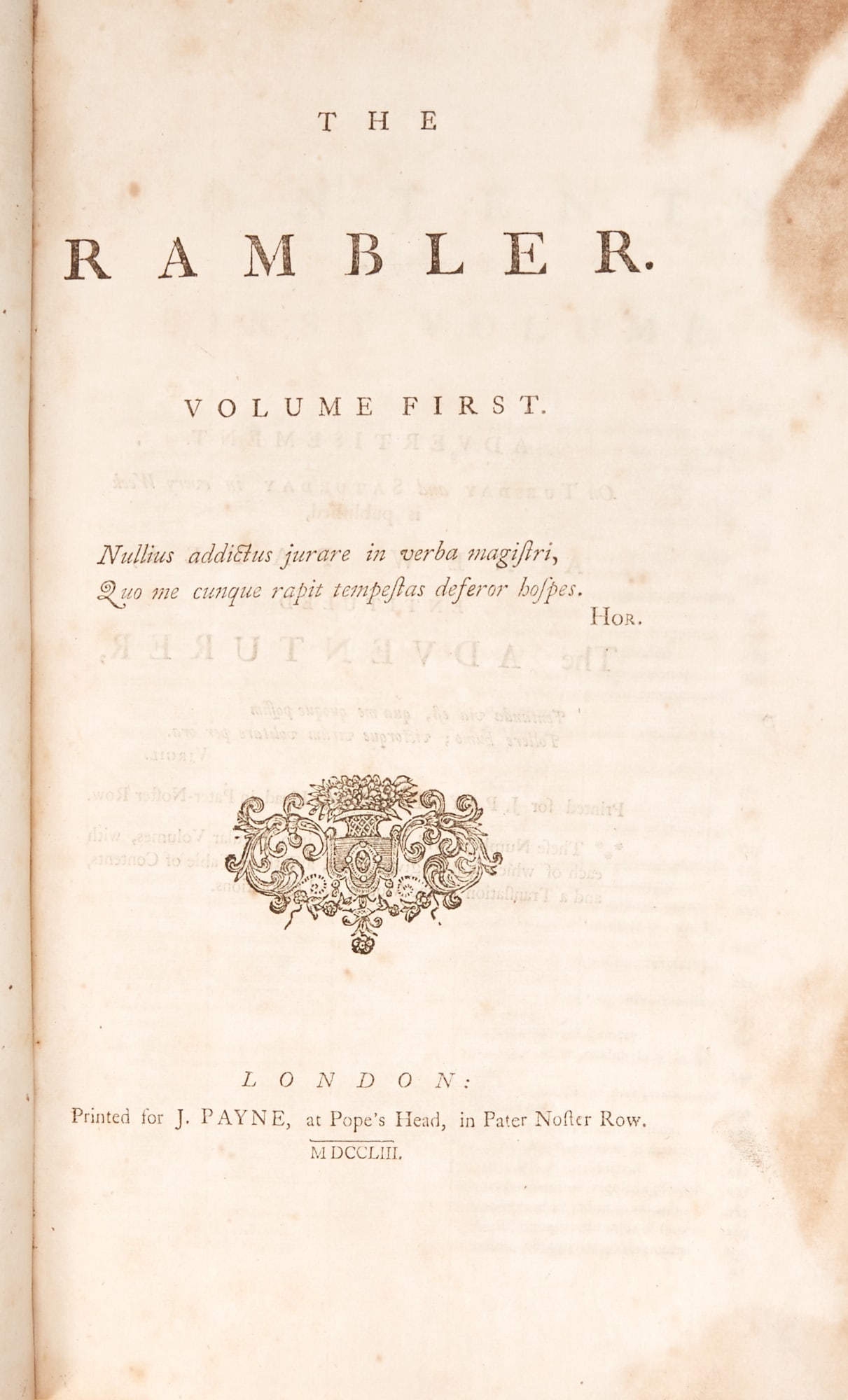 Sanuel Johnson's Rambler: JOHNSON, SAMUEL The Rambler. London: for J. Payne [and J. Bouquet], 1750-1752 [title-pages dated 1753]. An early collected folio edition from the original numbers. Although No 1 is