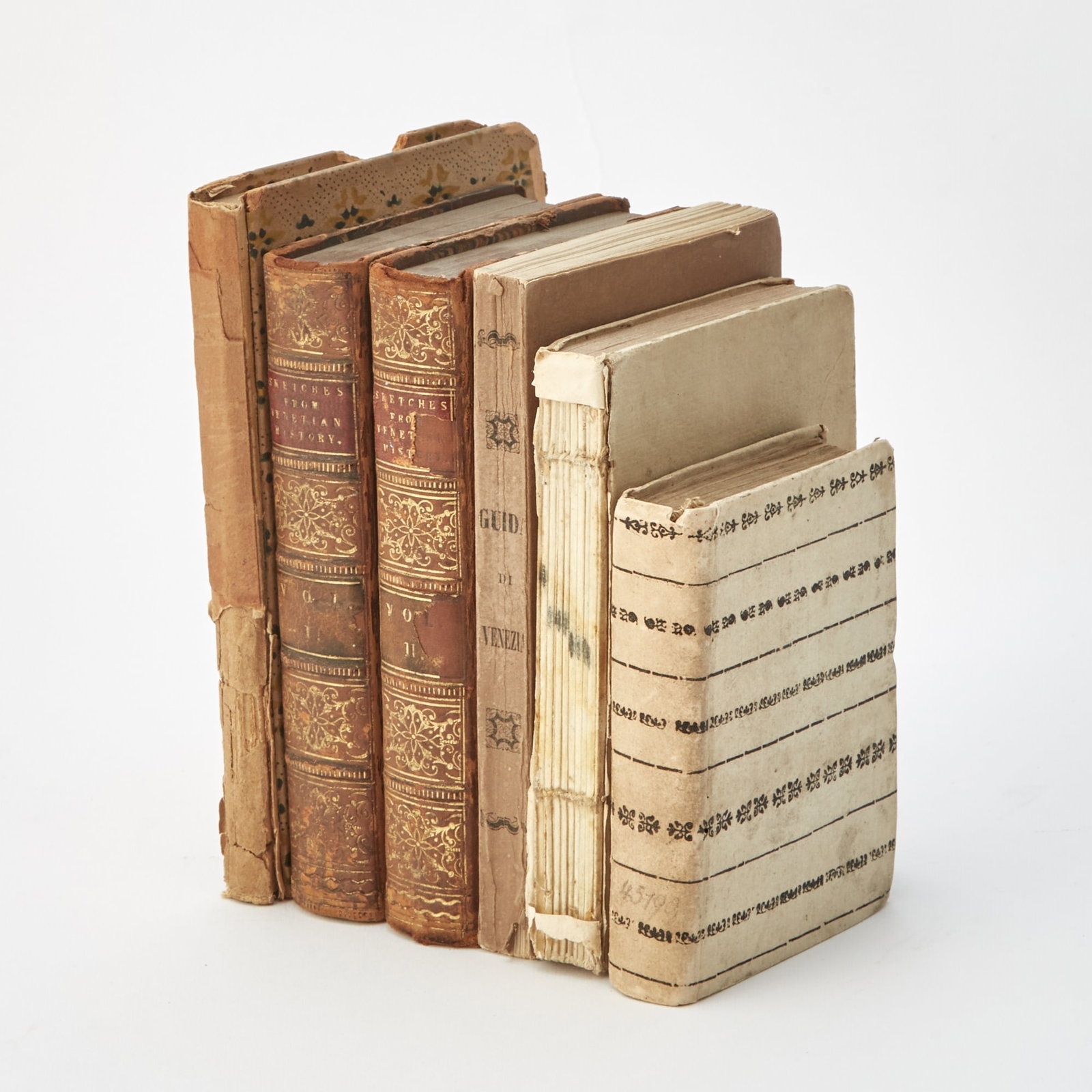 A collection of books on Venice from the eighteenth and nineteenth century: A collection of books on Venice, its history, art, and architecture. Six volumes, comprising: [ALMANAC]. Le Belle Arti in Venezia. Venice: Giuseppe Orlandelli, [1826]. Contemporary tan paper boards, l