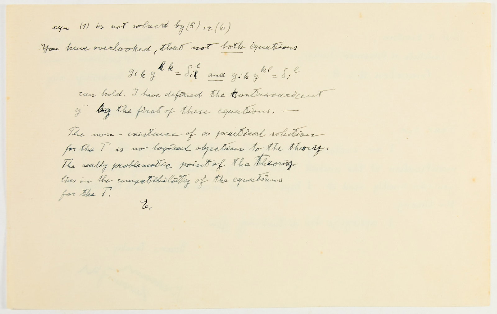 Einstein corrects the field equations of a young physicist: EINSTEIN, ALBERT Autograph letter initialed ("E."). Written on the reverse of a letter by the physicist Behram Kurşunoğlu, written early December, 1950; accompanied by a typed note signed on