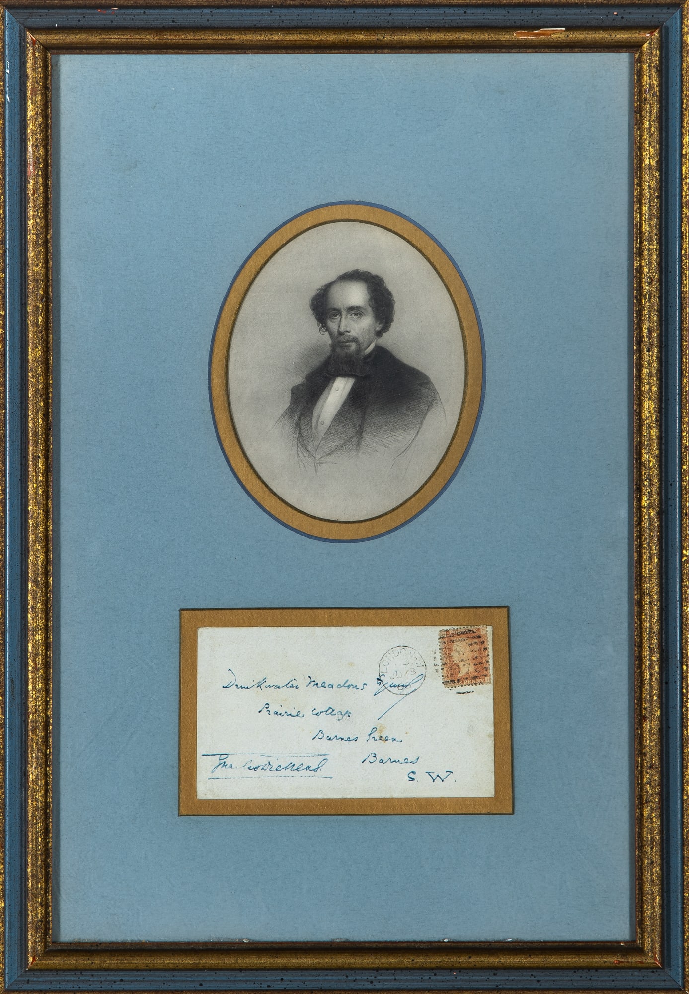 Dickens writes to an actor in plays based on his books: Property from a Westchester Estate DICKENS, CHARLES Autograph envelope signed. 2 3/4 x 4 3/4 inches (6.75 x 12.25 cm); addressed in the hand of Dickens to the actor Drinkwater Meadows Esquire, Prairie