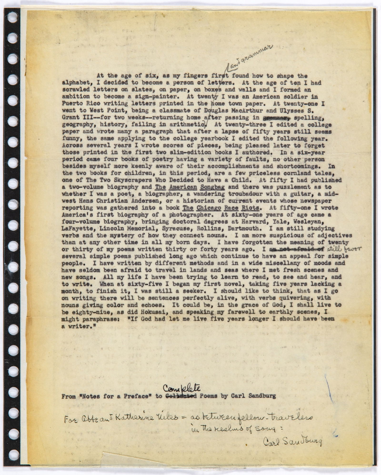 Carl Sandburg typed preface: SANDBURG, CARL "Notes for a Preface" to Complete Poems by Carl Sandburg. 11 x 8 1/2 inch inches (27.75 x 21.5 cm); typed text with several corrections in pencil in Sandberg's hand, with a presentation