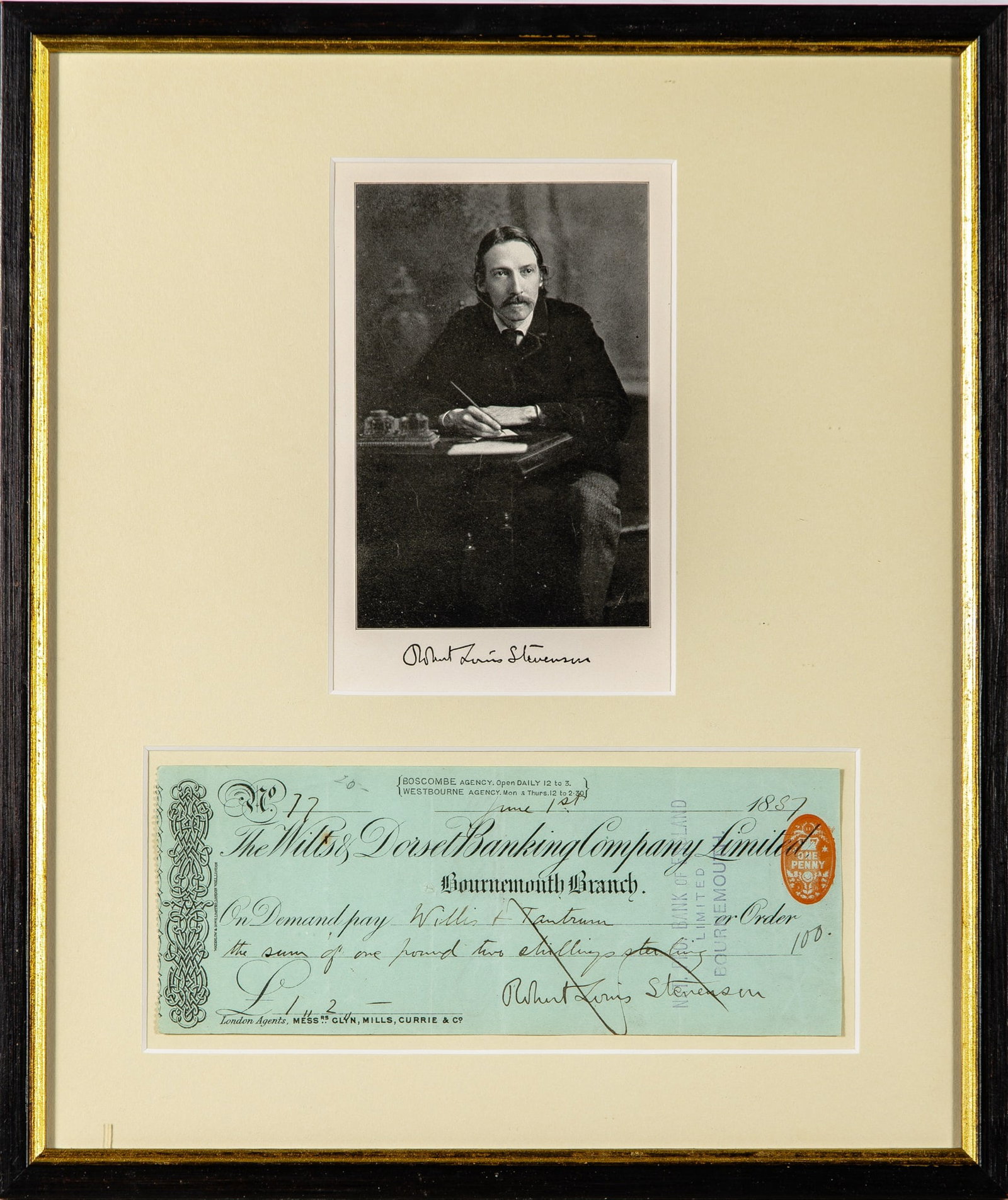 A check signed by Robert Louis Stevenson: STEVENSON, ROBERT LOUIS Check signed on Stevenson's account at the Wilts & Dorset Banking Company Limited. Bournemouth Branch: June 1, 1887. 3 1/8 x 8 1/8 inches (8 x 20.5 cm); ornate printed chec