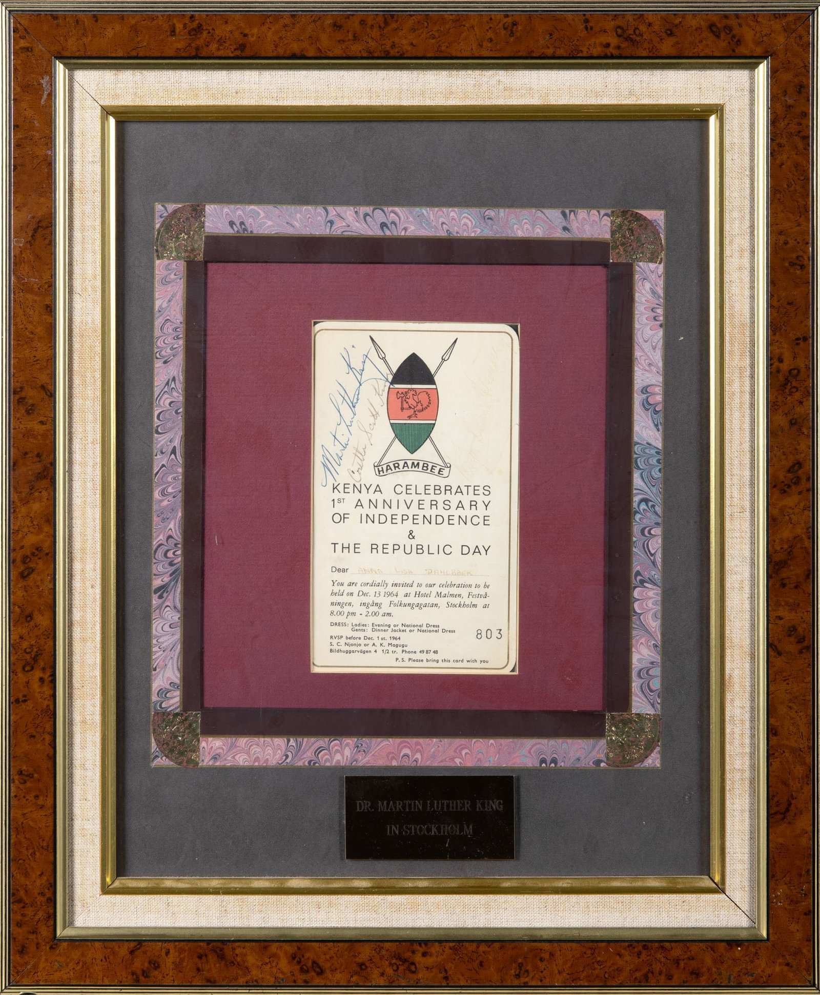 Signed by Martin Luther King while in Sweden to receive the Nobel Peace Prize: KING Jr., MARTIN LUTHER; KING, CORETTA SCOTT; and ABERNATHY, RALPH Signatures on the invitation to a celebration of the first anniversary of Kenyan Independence.