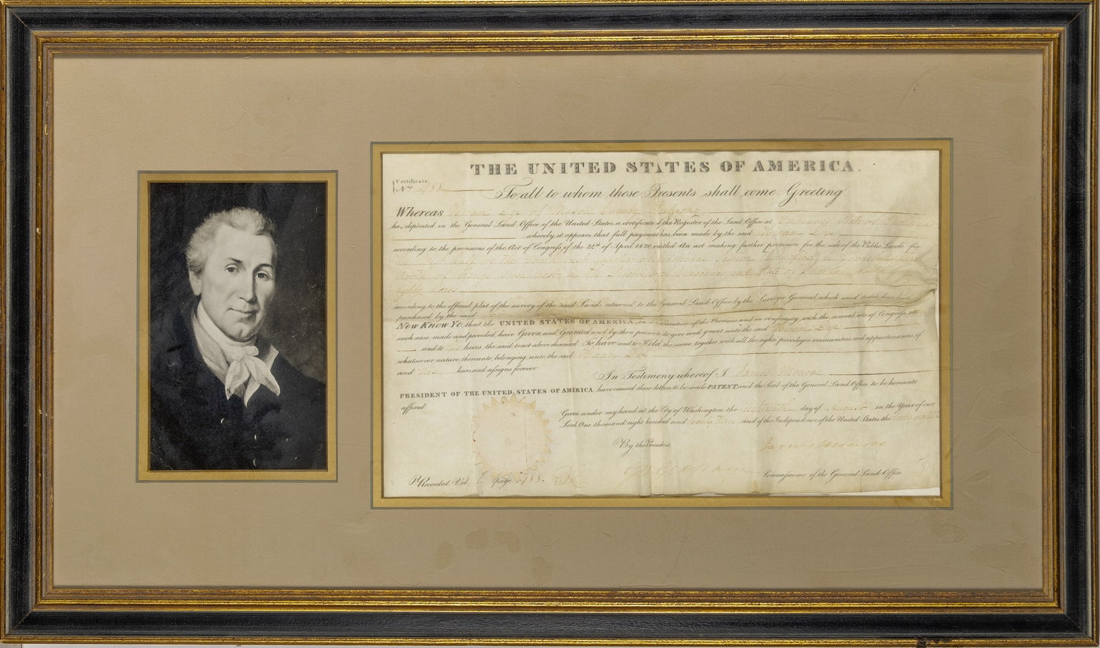Land grant signed by James Monroe as President: MONROE, JAMES Land Grant Signed as President. Washington: 1823. 9 1/4 x