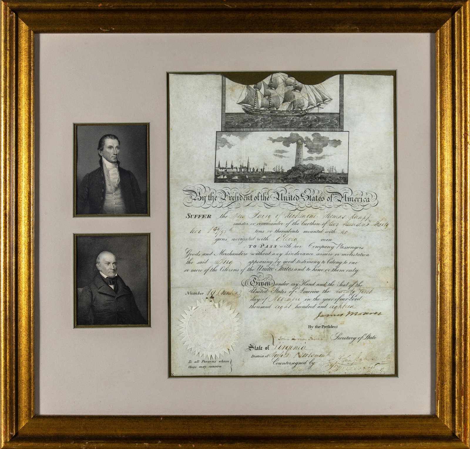Naval passport signed by James Monroe and John Quincy Adams: MONROE, JAMES and ADAMS, JOHN QUINCY Ship's passport signed. Washington: 21 November 1818. Engraved document on vellum wit