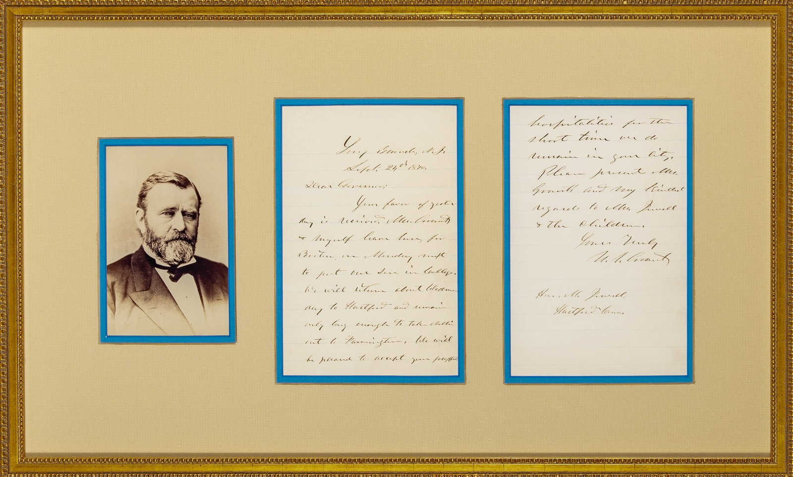 Ulysses S. Grant writes a letter as President: GRANT, ULYSSES S. Autograph letter signed as President. Long Branch, N.J.: 24 September 1870. 8 x 5 inches (22 x 13 cm); 2 pp., dark brown ink written on rectos only of two sheets of ruled stationery;