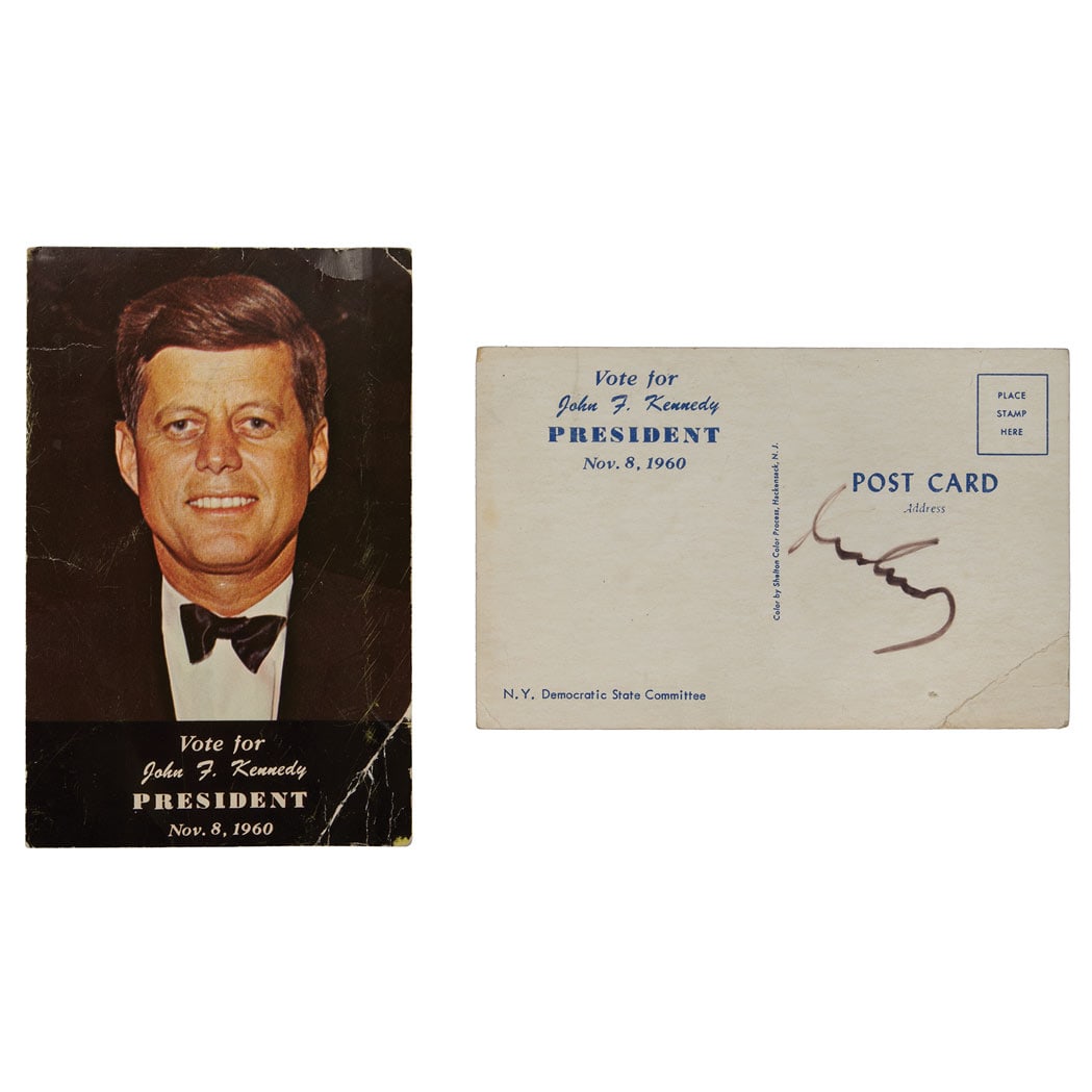 A signed postcard and items relating to President John F. Kennedy: KENNEDY, JOHN F. Signed campaign postcard and a group of items relating to Kennedy's 1960 campaign and inauguration. The postcard with a bust-length color photograph of Kennedy wearing a tuxedo above