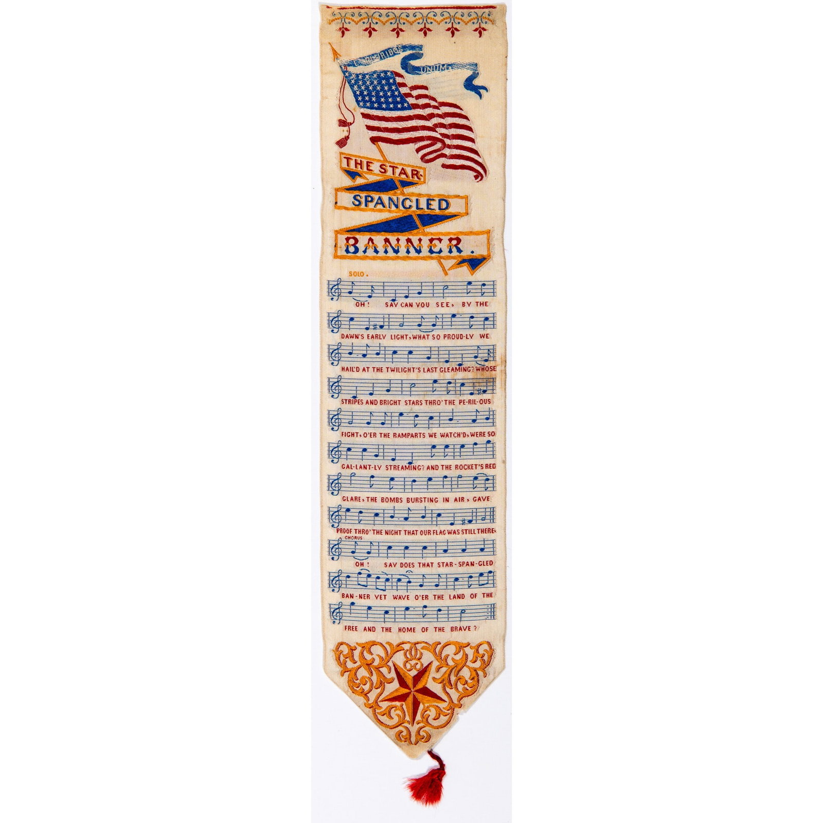 Star-spangled banner Stevengraph: A decorative circa 1876 "Stevengraph" bookmark of the Star-Spangled Banner. [Possibly Paterson, N.J.: Warner Manufacturing Co., circa 1876]. Decorative ribbon or bookmark of the Star S