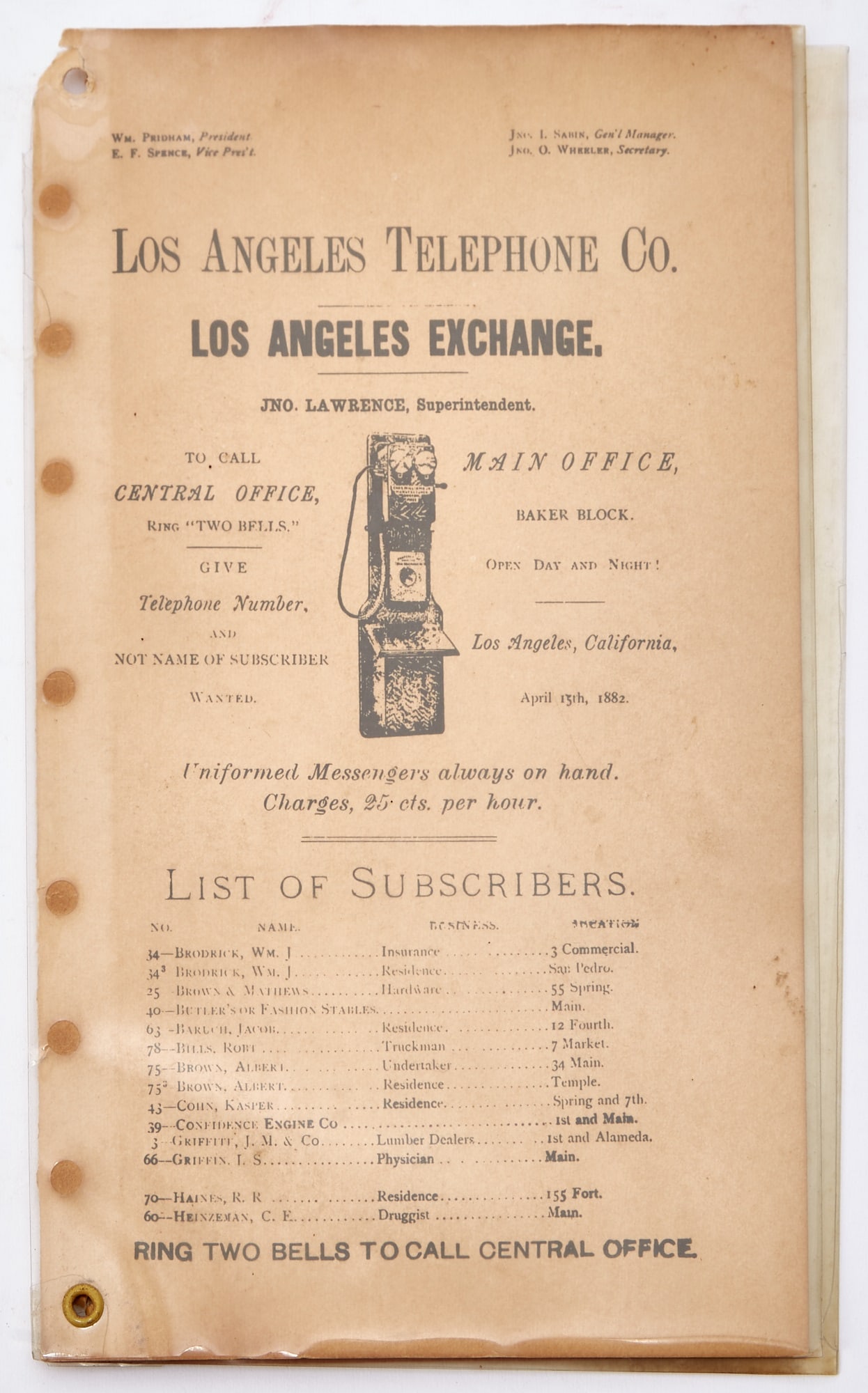 The first Los Angeles telephone directory: [LOS ANGELES] Los Angeles Telephone Co. Los Angeles Exchange. 13 April 1882. Single sheet folded, printed on stiff cardstock. Binder holes punched at head and foot of spine; encased in an early plasti